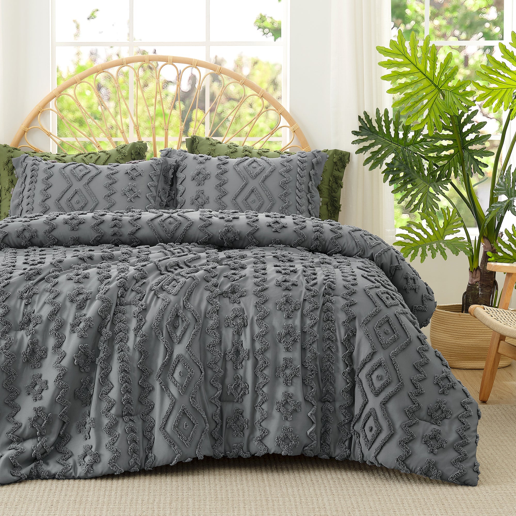 Snuggle Sac All-Season Boho Deluxe Embroidery Comforter Set on bed#color_Dark Grey