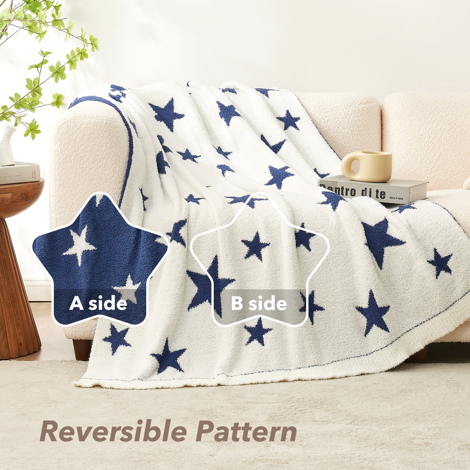 Snuggle Sacs Reversible Star Feather Yarn Knit Throw Blanket with reversible pattern showing sides A and B#color_Royal_Heather_Blue