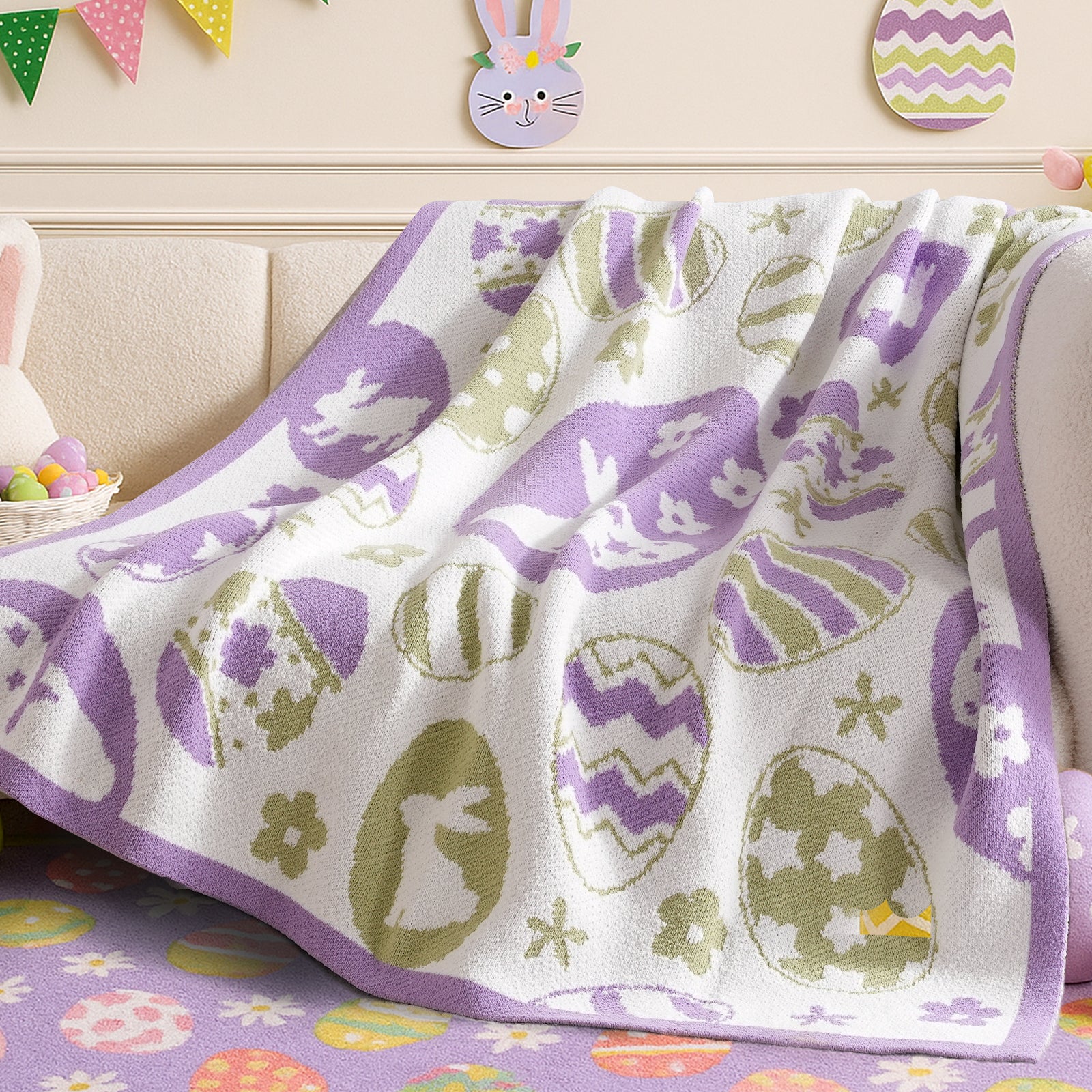 SnugCozy Easter Bunny and Eggs Chenille Knit Throw Blanket