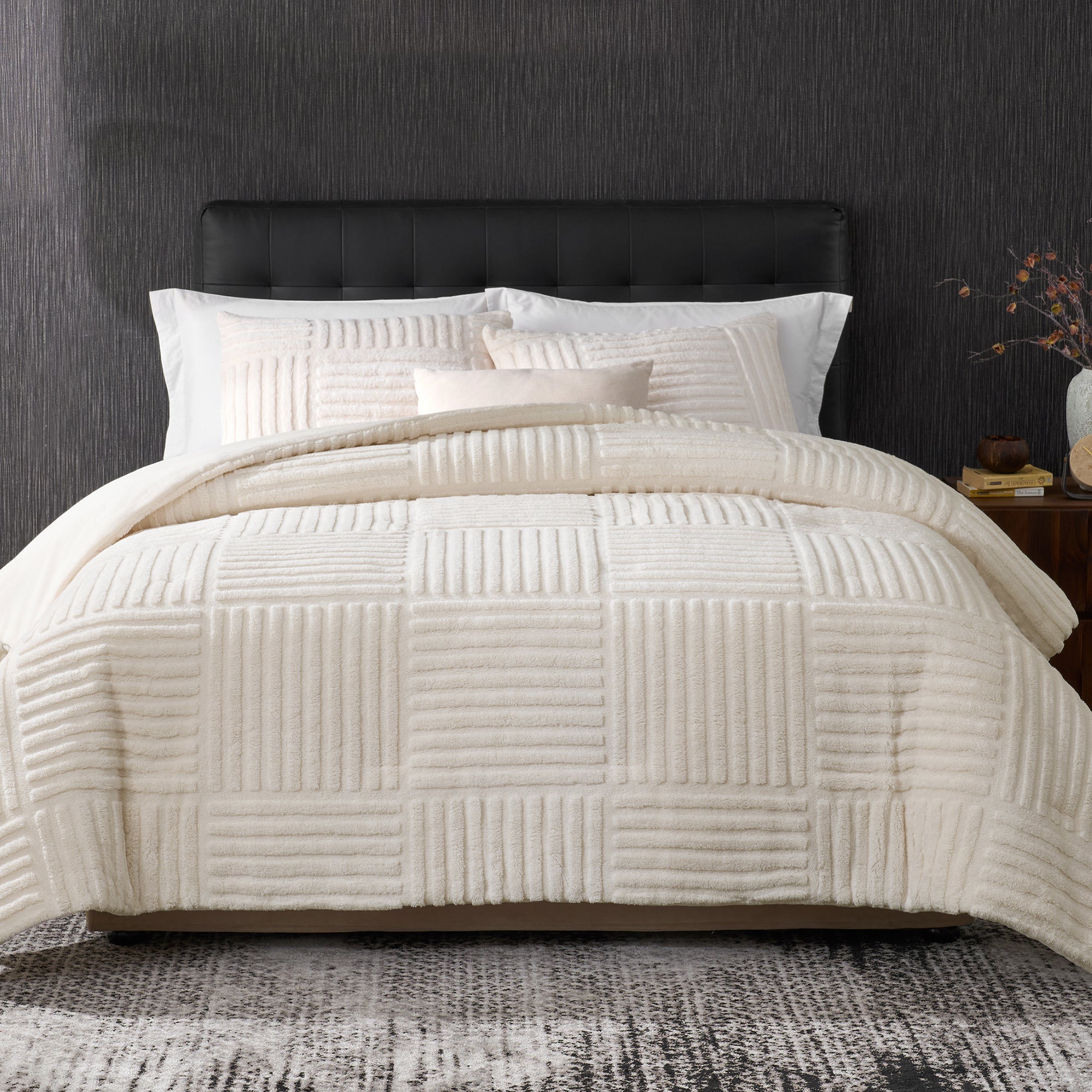 Snuggle Sac Winter Stripe Jacquard Design Comforter Set in beige on bed#color_Beige