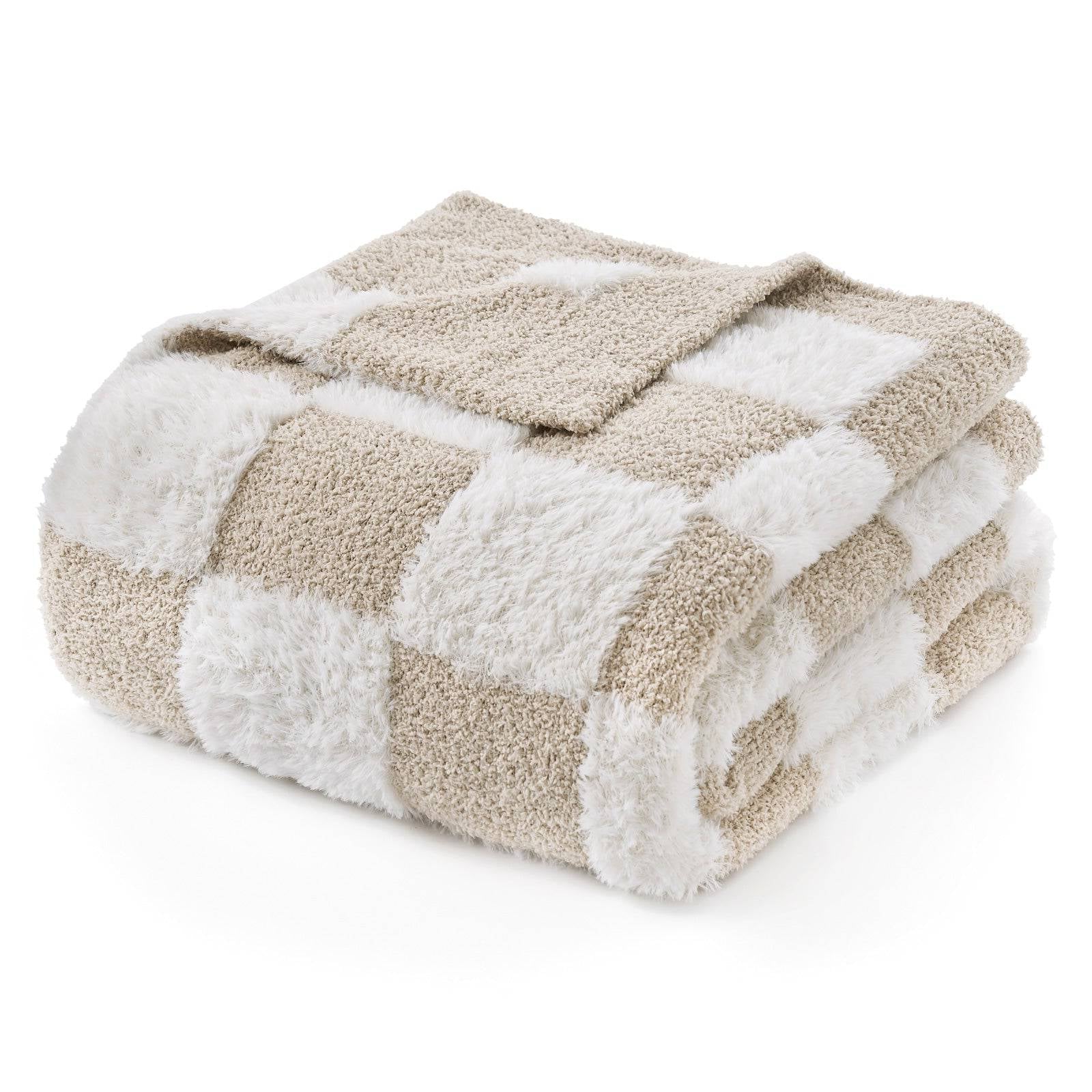 Checkered Faux Fur Microfiber Blanket - #Color_Beige White