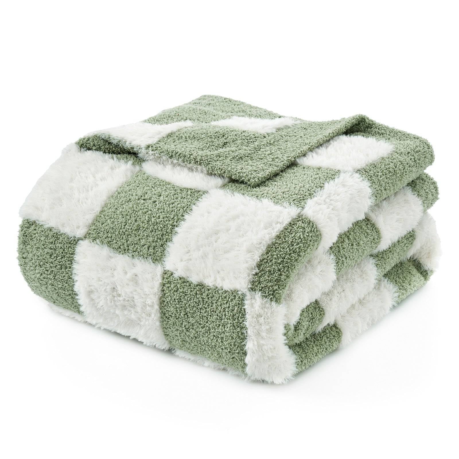 Checkered Faux Fur Microfiber Blanket - #Color_Sage Green White
