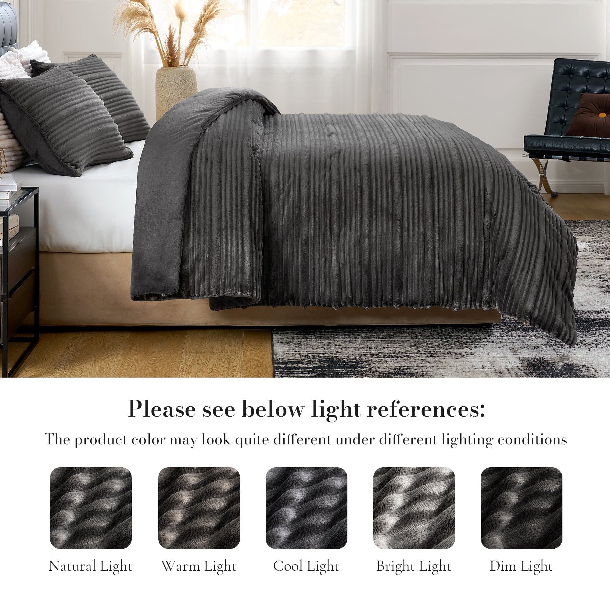 Gray textured comforter on a bed with light references displayed below.#color_Dark Grey