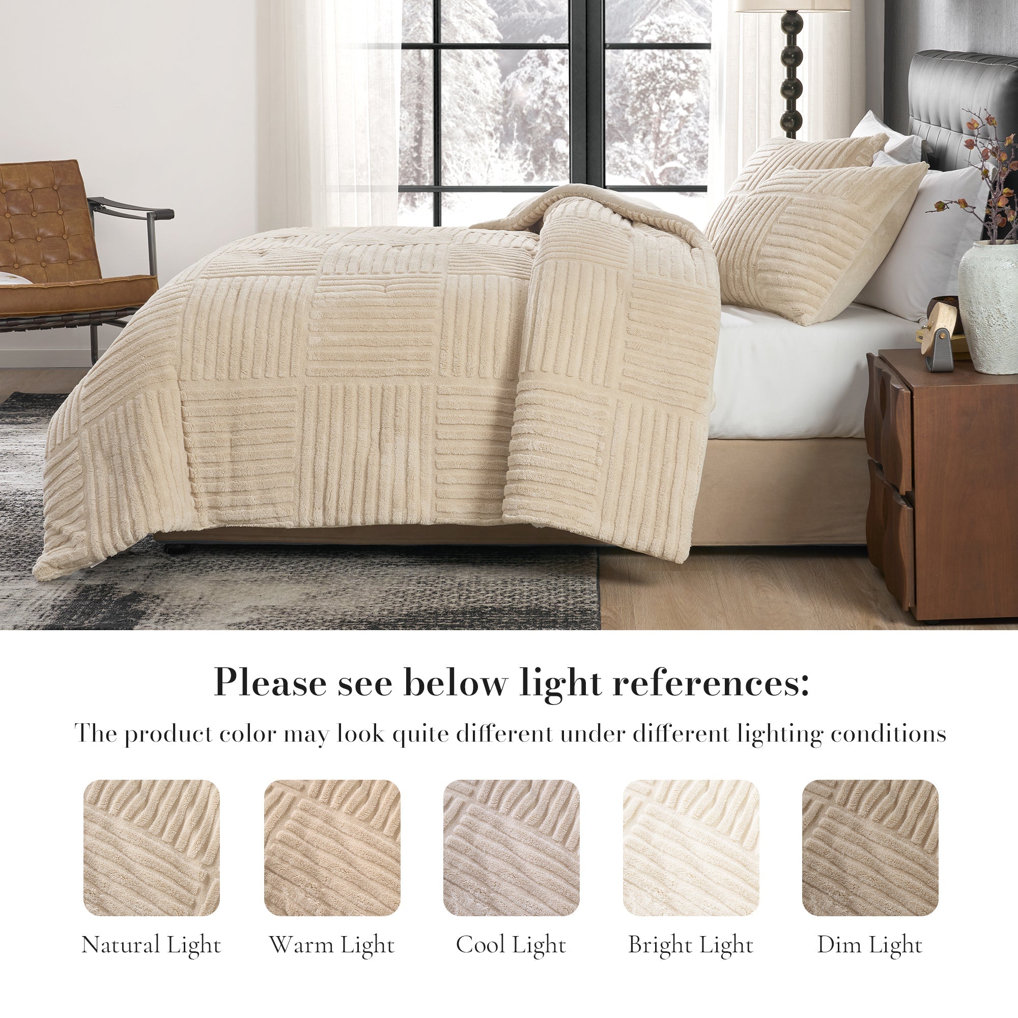 Textured comforter on a bed in a bedroom setting with light references displayed.#color_Khaki