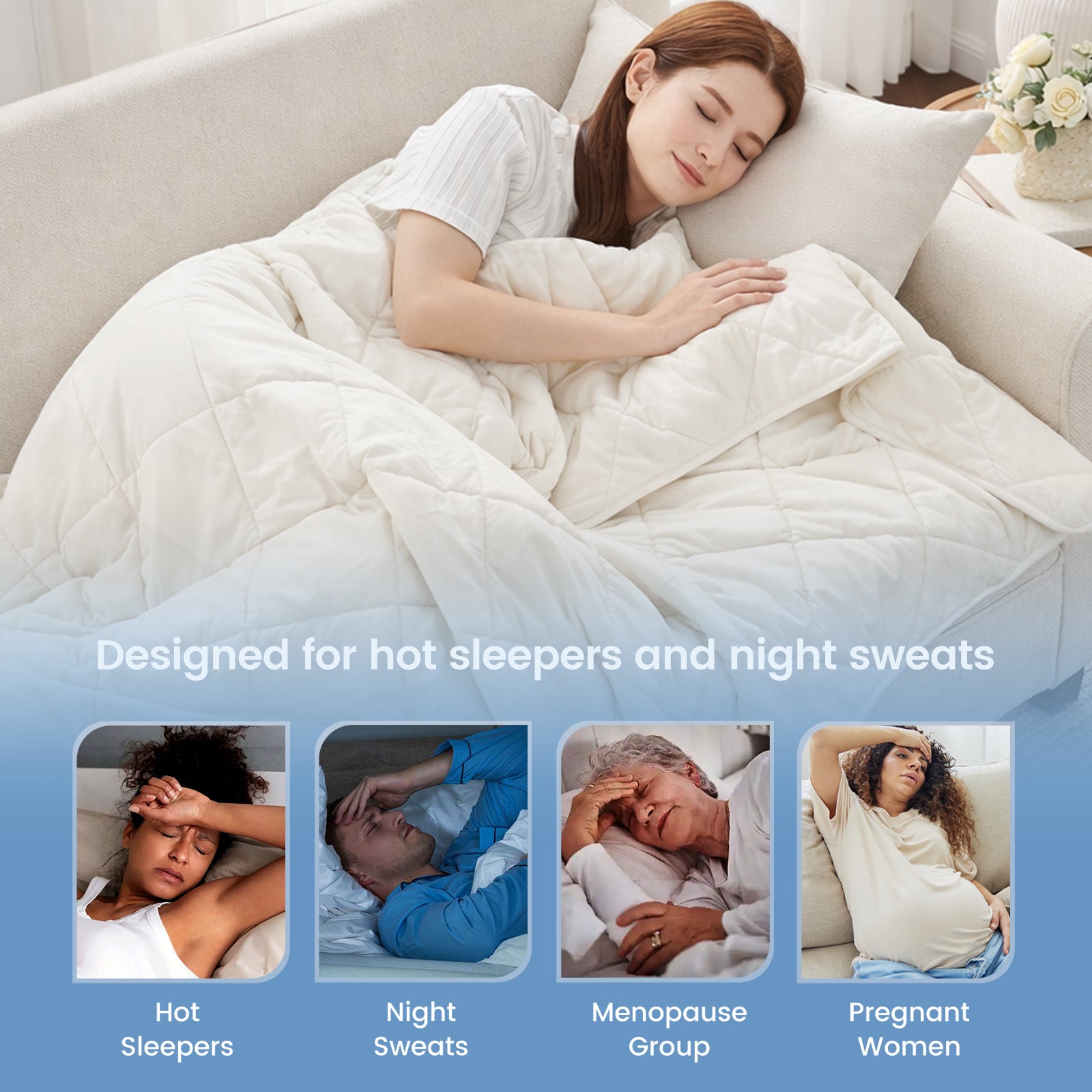White chill weave cooling blanket for hot sleepers, night sweat, menopause group and pregnant women. #Color_White
