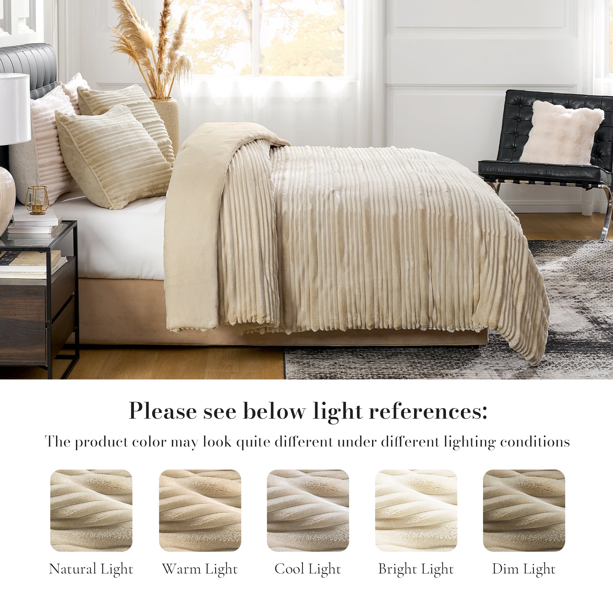 Beige textured comforter on a bed in a bedroom setting with light references displayed.#color_Beige