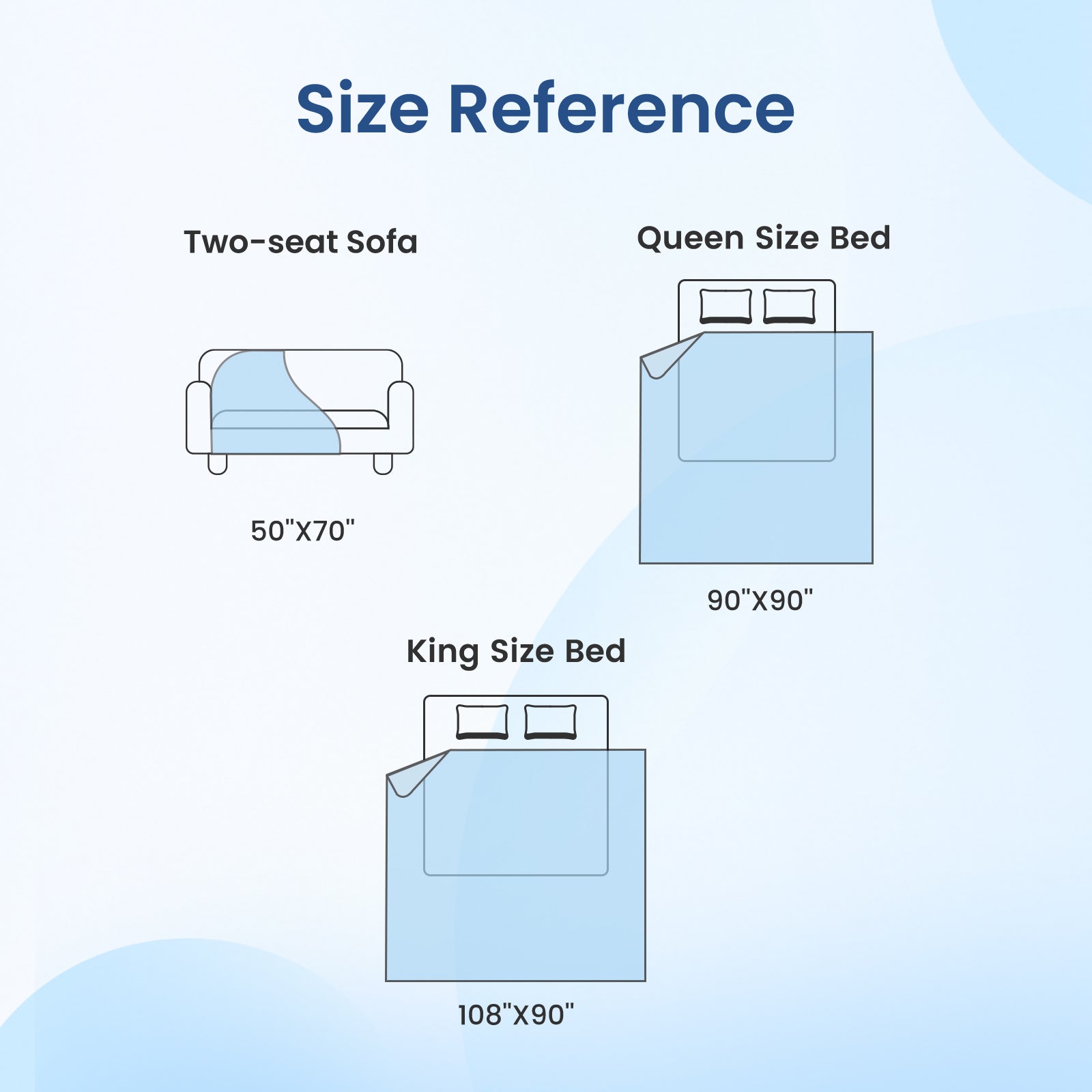 Size reference chart for Cozy Bliss Cooling Blannket.