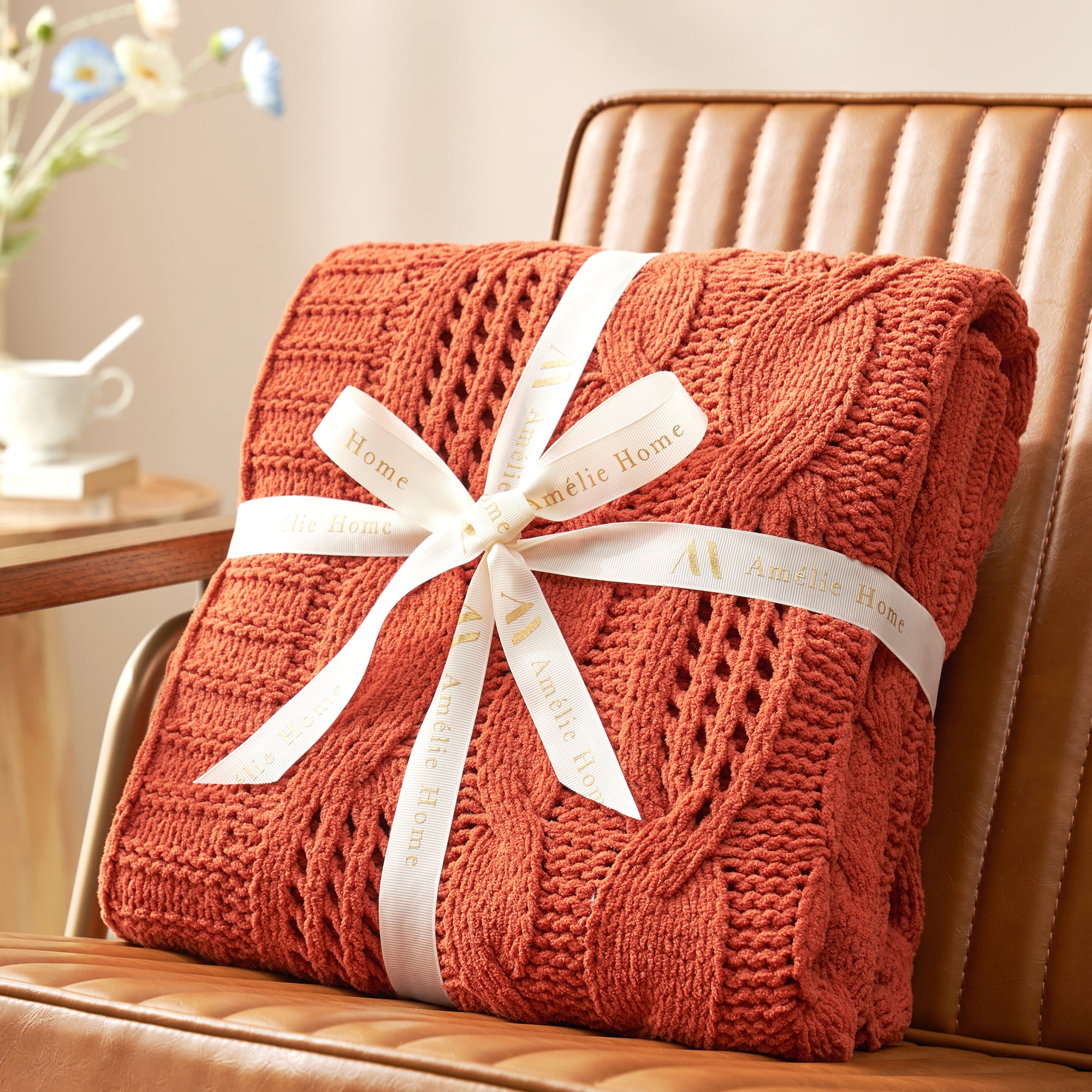 Cable chenille knit throw blanket in Burnt Orange folded with ribbon perfect for gifting #color_Burnt Orange