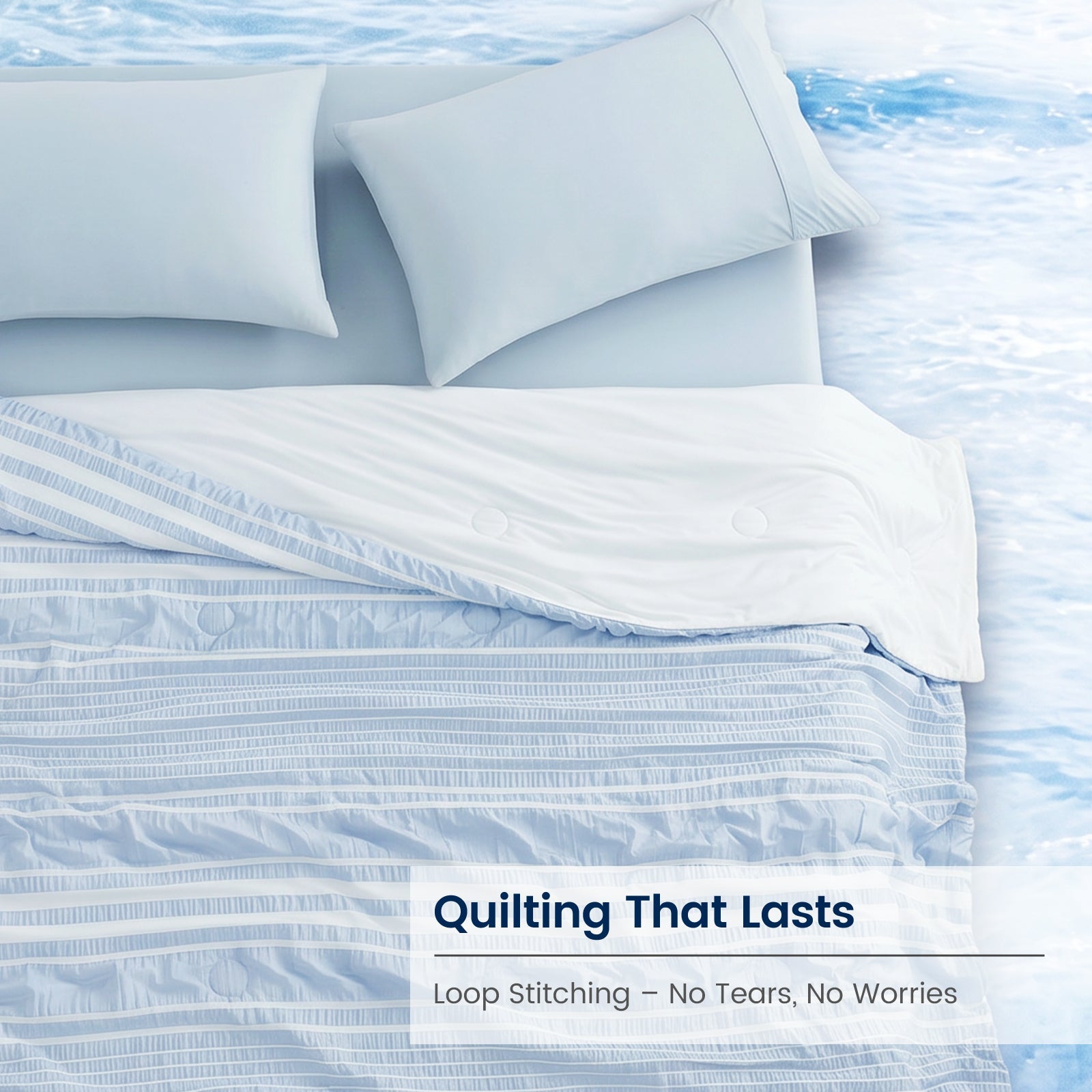 Cooling comforter in Sky Blue with durable quilting and striped seersucker texture #color_Sky Blue