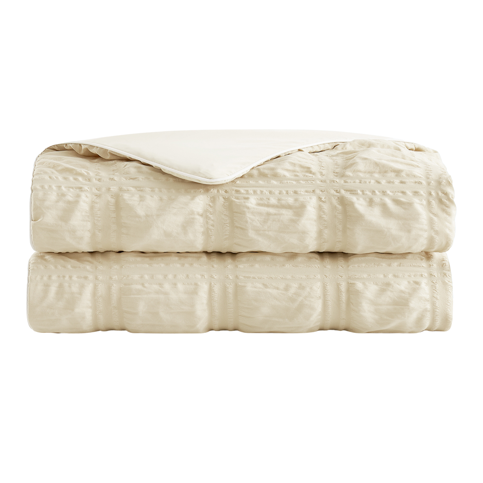 Folded Snuggle Sac Seersucker Plaid Cooling Comforter#color_Khaki