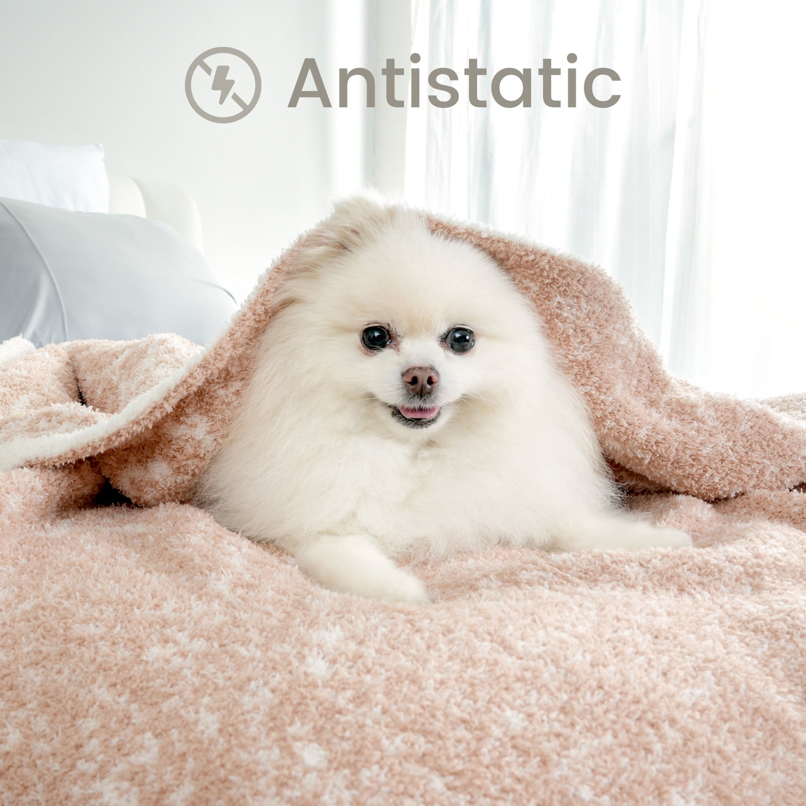 A dog wrapped under Snuggle Sacs Reversible Ombre Heather Feather Yarn Knit Throw Blanket showing Antistatic effect #color_Khaki