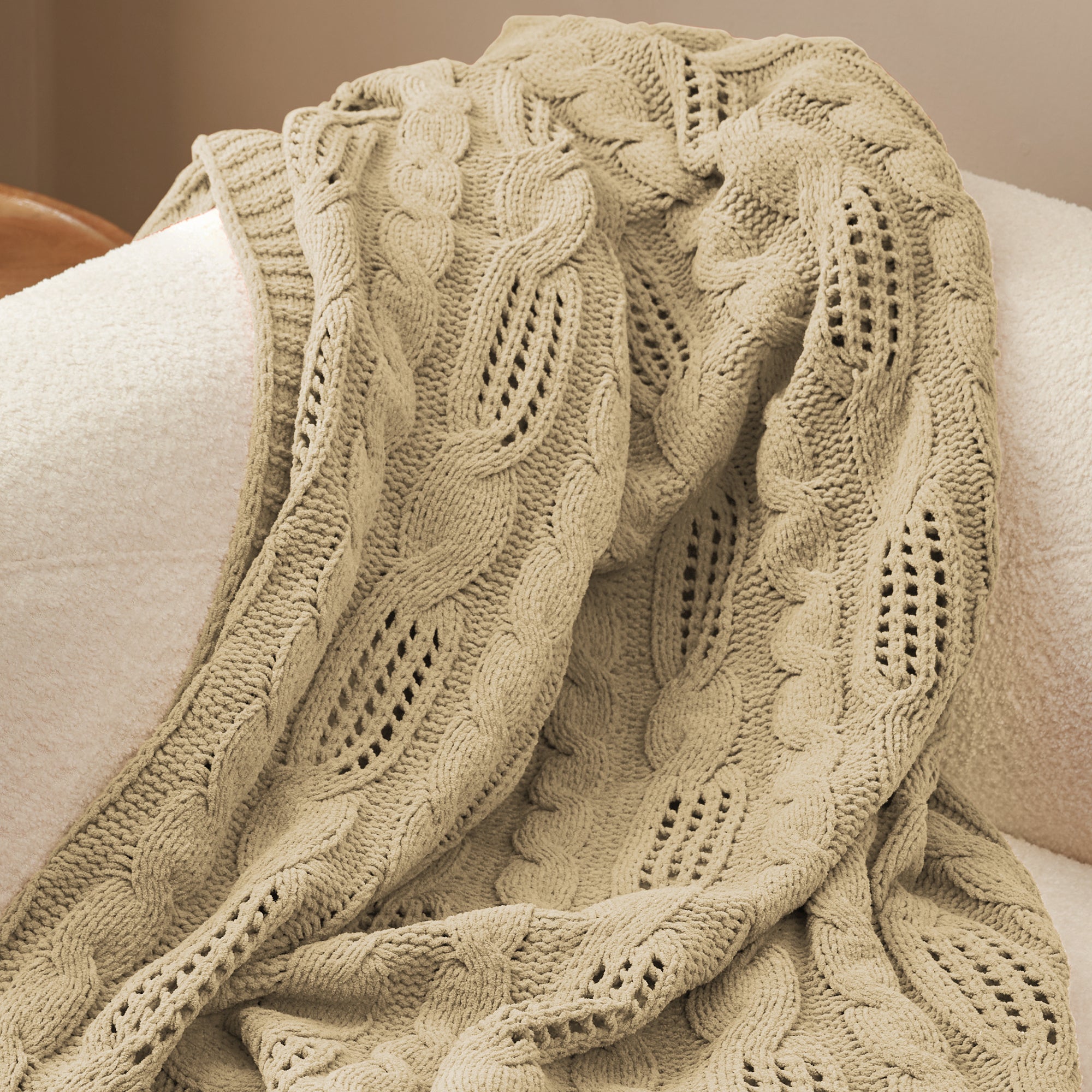 Close up of cable chenille knit throw blanket in Beige showcasing soft cable knit texture #color_Beige
