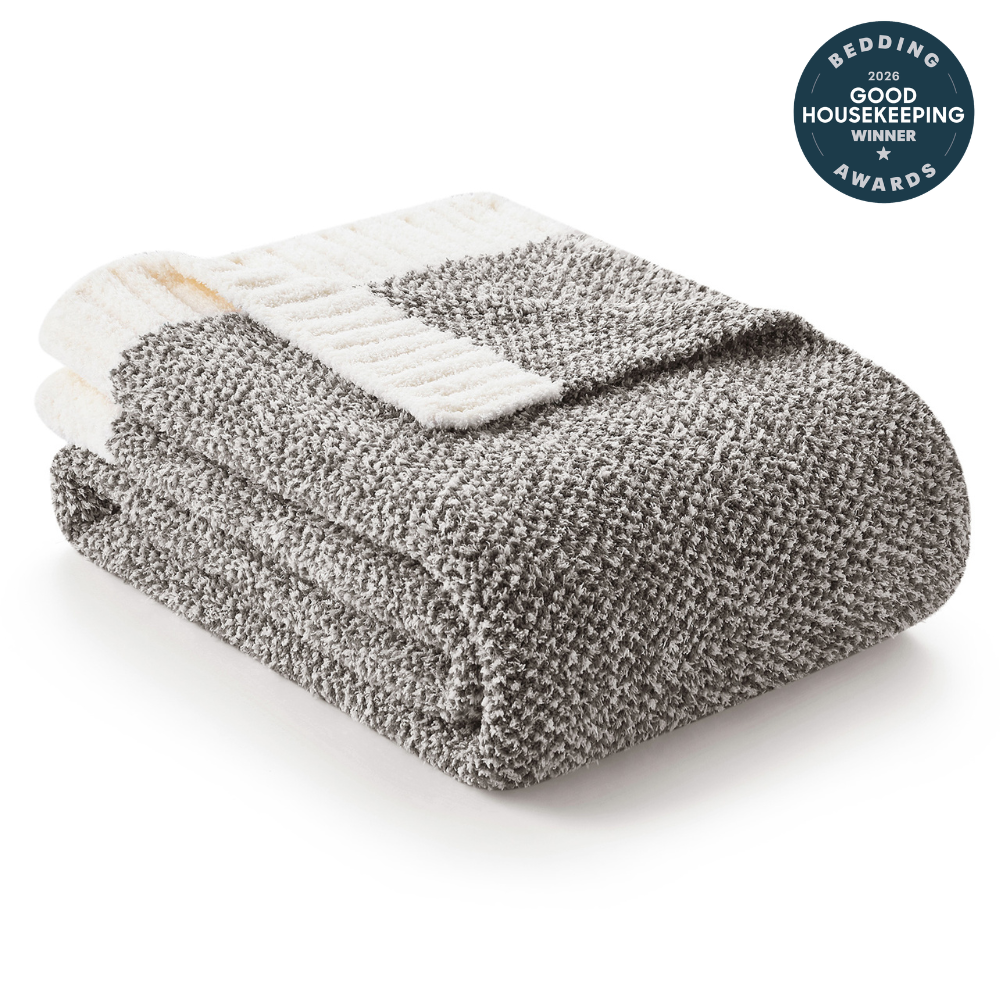 Snuggle Sac Heather Feather Yarn Dark Grey Knit Throw Blanket front view #color_Dark Grey