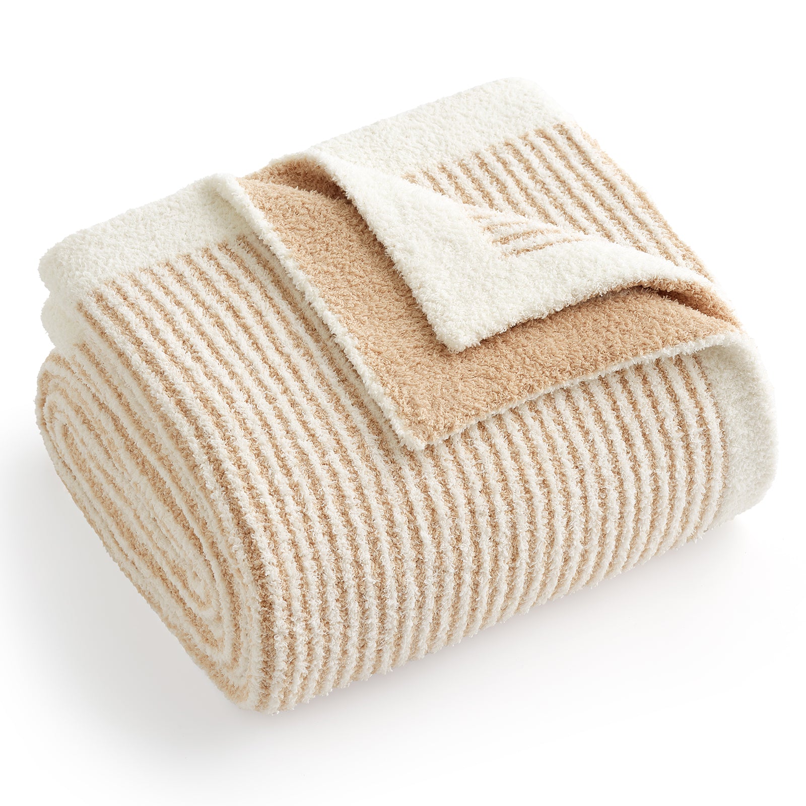 Folded beige and white striped blanket on a white background #color_Cream/Beige