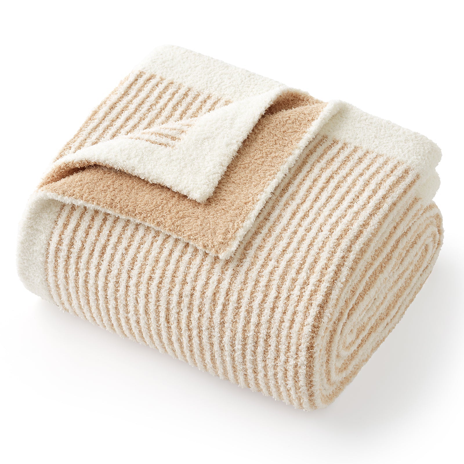 Folded beige and white striped blanket on a white background #color_Cream/Beige