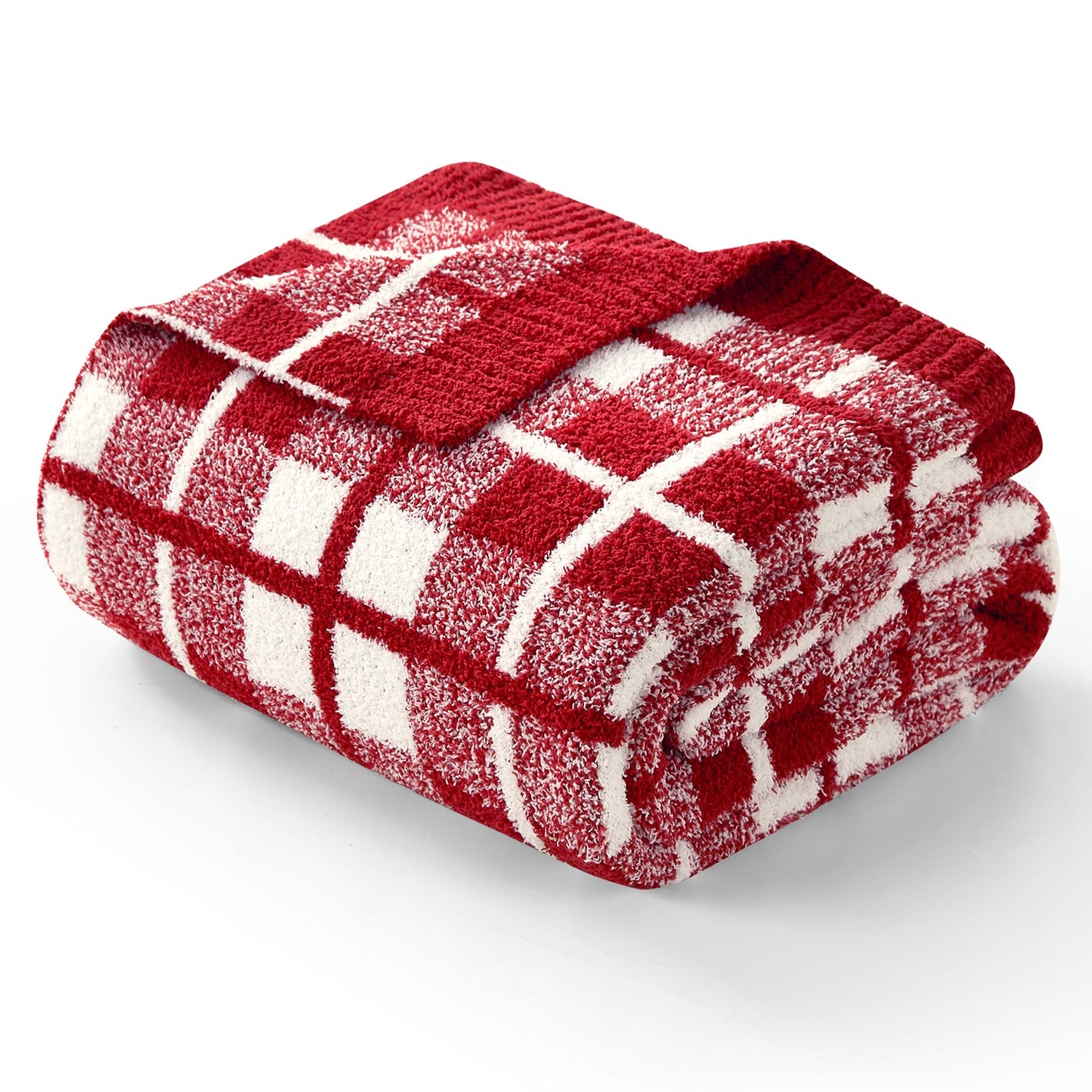 Folded Reversible Buffalo Plaid Feather Yarn Knit Throw Blanket#Color_Red