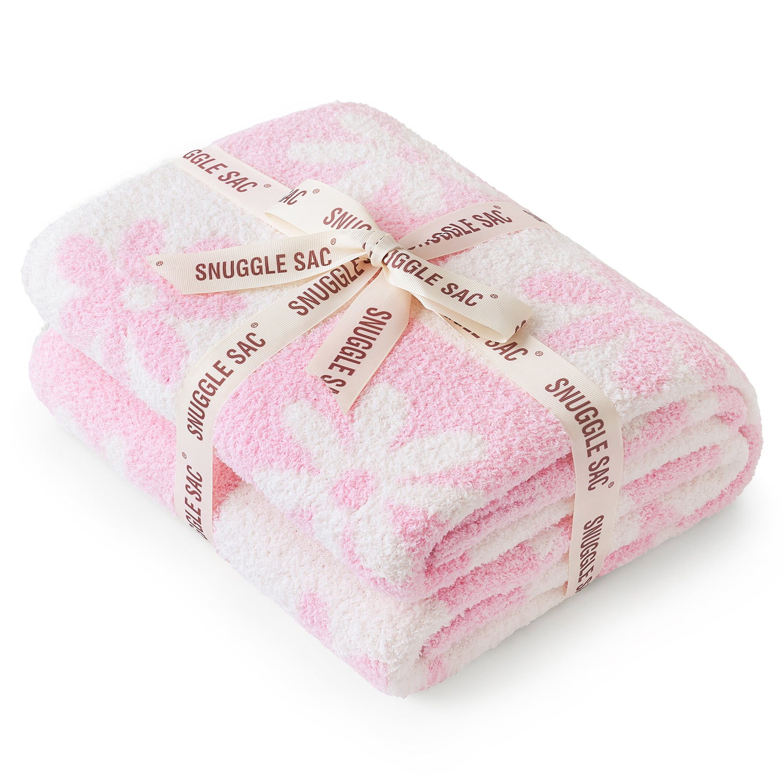 Pink and white marbled blanket with 'Snuggle Sac' ribbon on a white background #color_Baby Pink