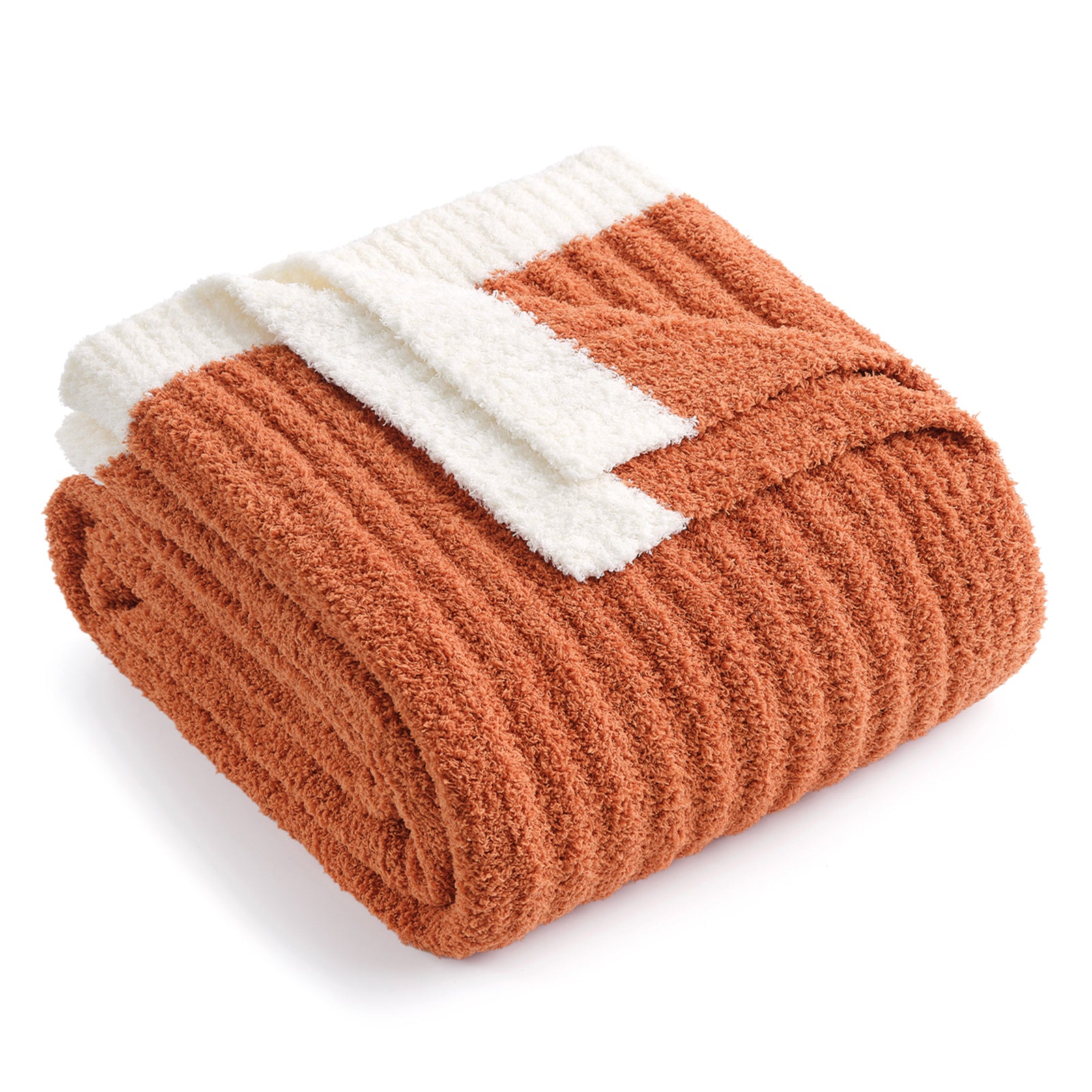Folded brown blanket with white trim on a white background #color_Burnt Orange