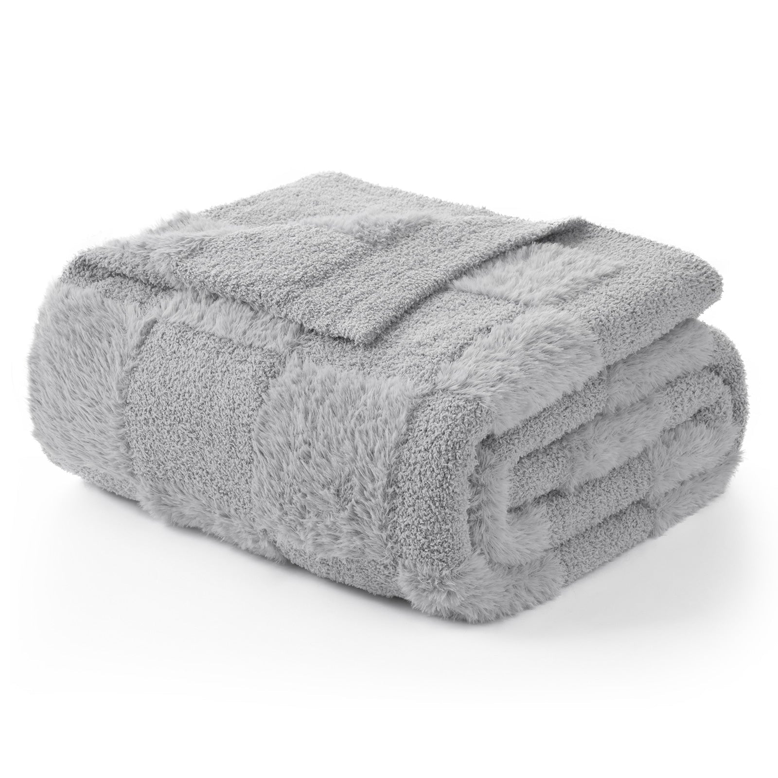 Checkered Faux Fur Microfiber Blanket - #Color_Solid Light Grey