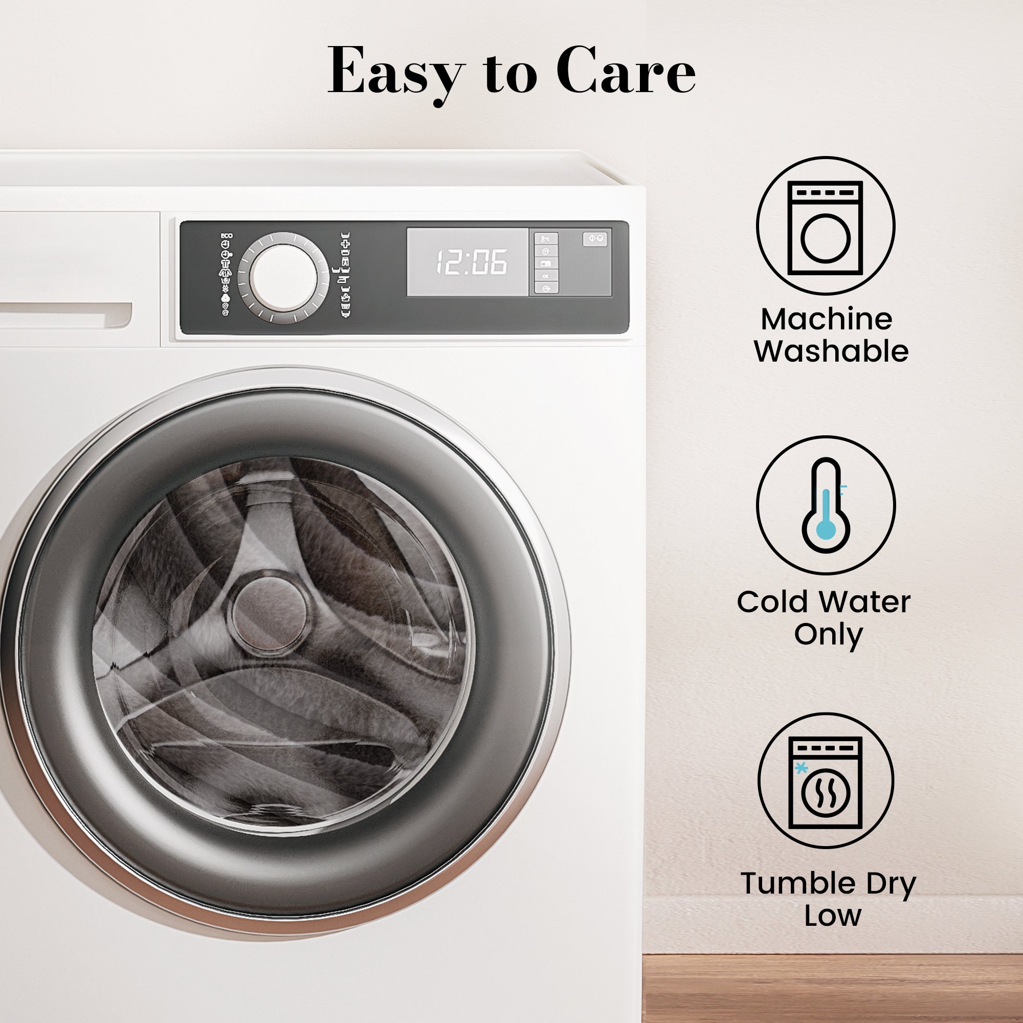 Snuggle Sac Striped Faux Fur Backrest Reading Pillow in a laundry machine showing the instructions of how to easy care the product #color_Grey
