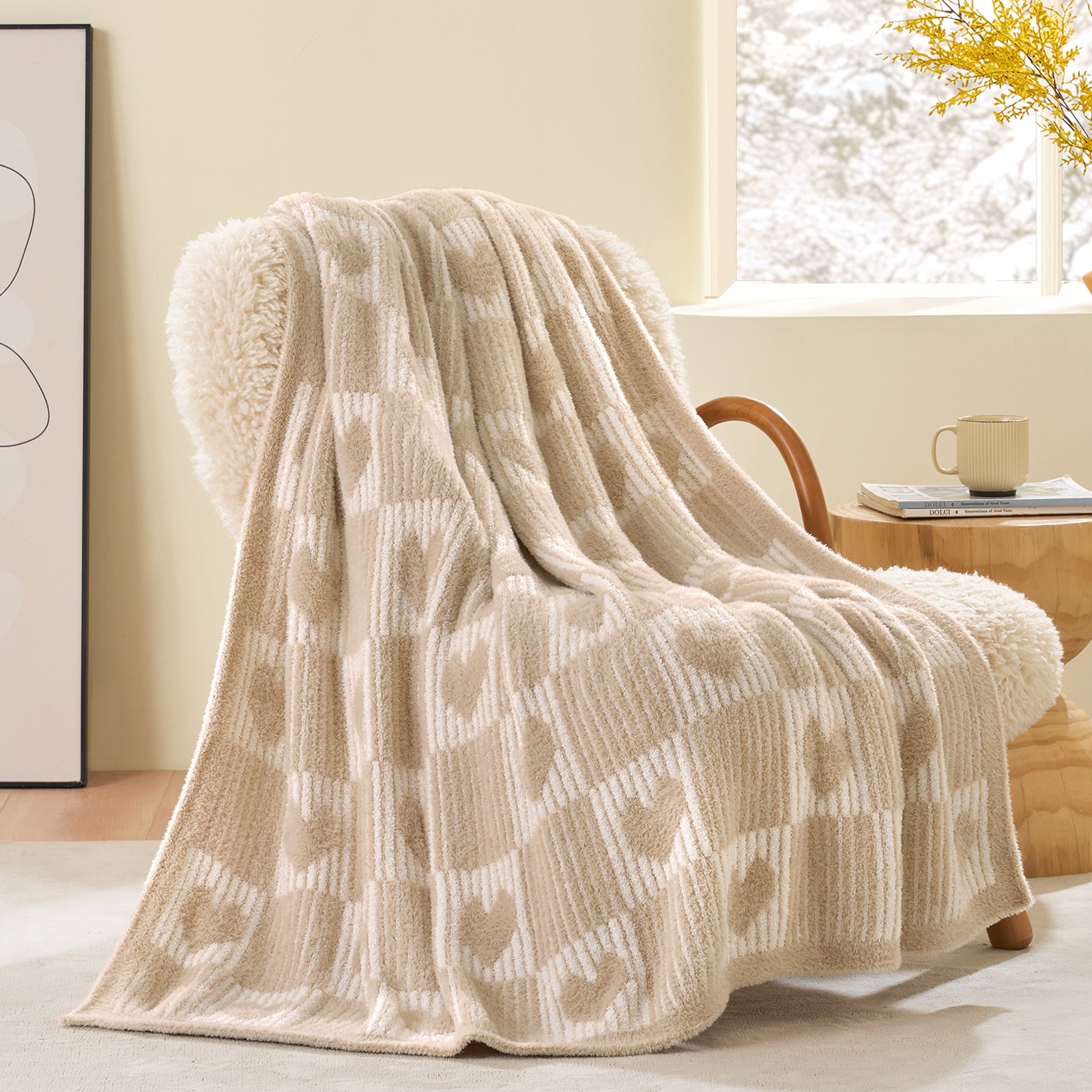 Beige patterned throw blanket draped over a chair in a cozy room. #color_Beige Heart