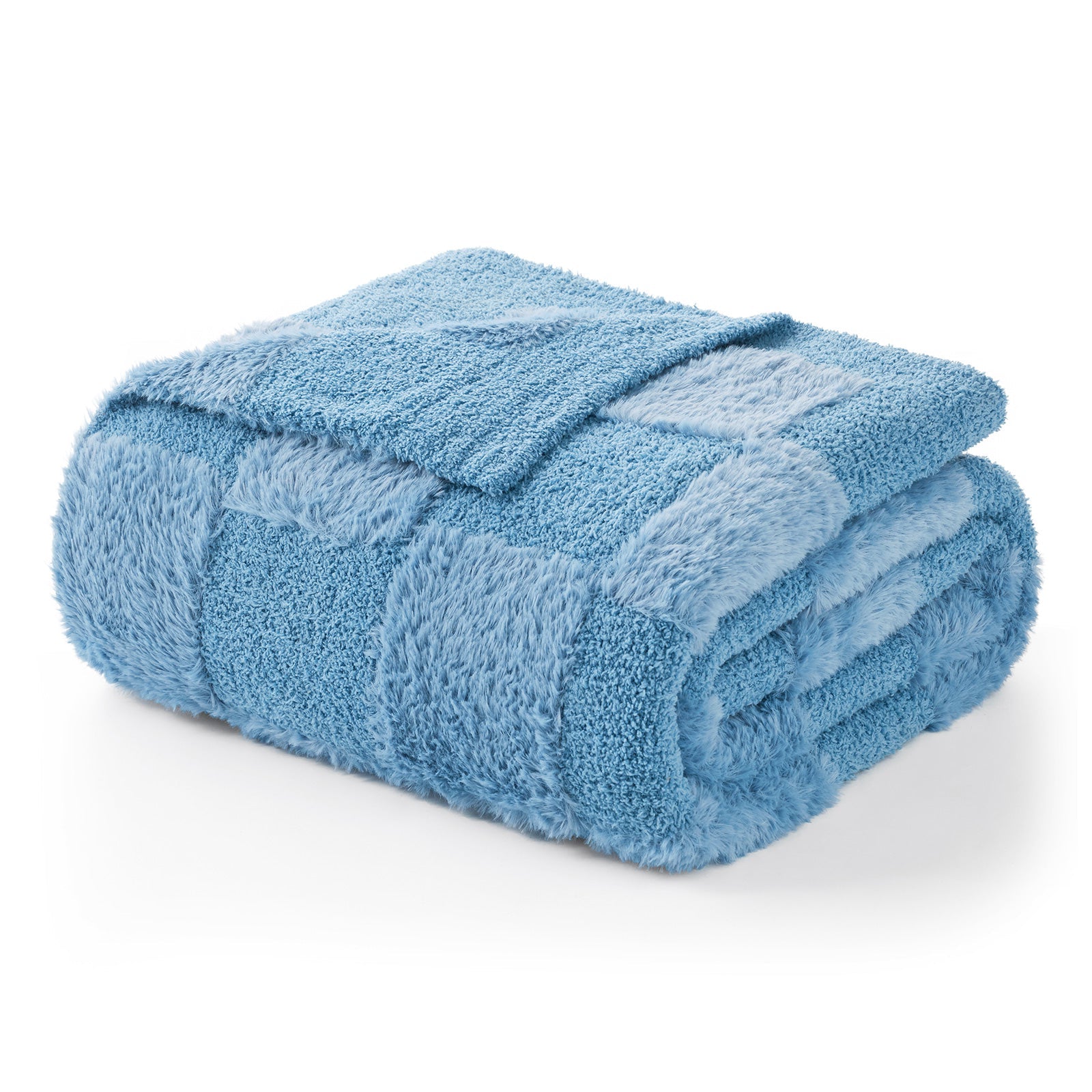 Checkered Faux Fur Microfiber Blanket - #Color_Solid Blue