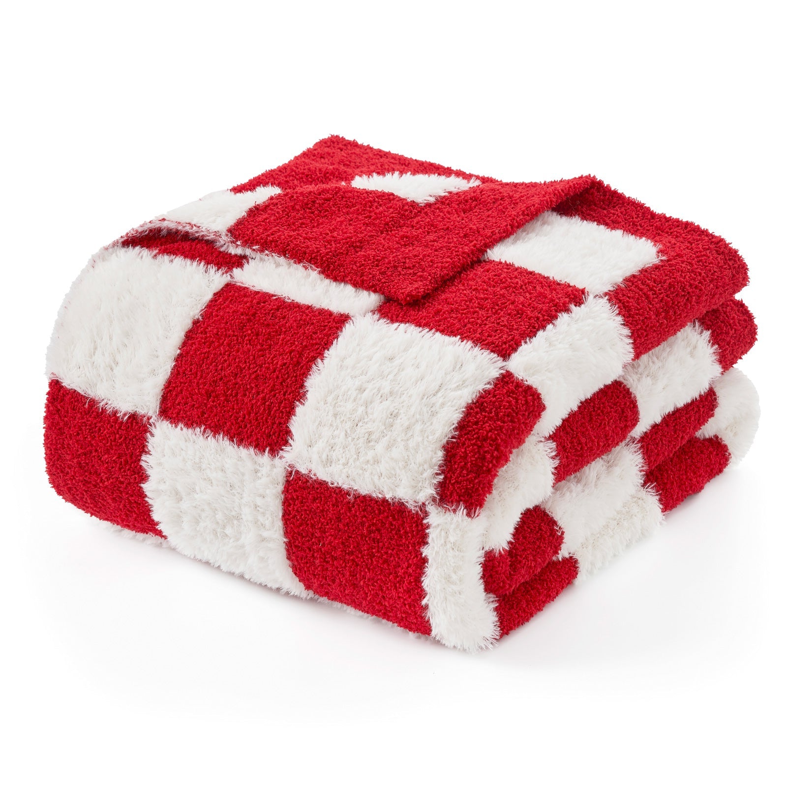 Checkered Faux Fur Microfiber Blanket - #Color_Red White