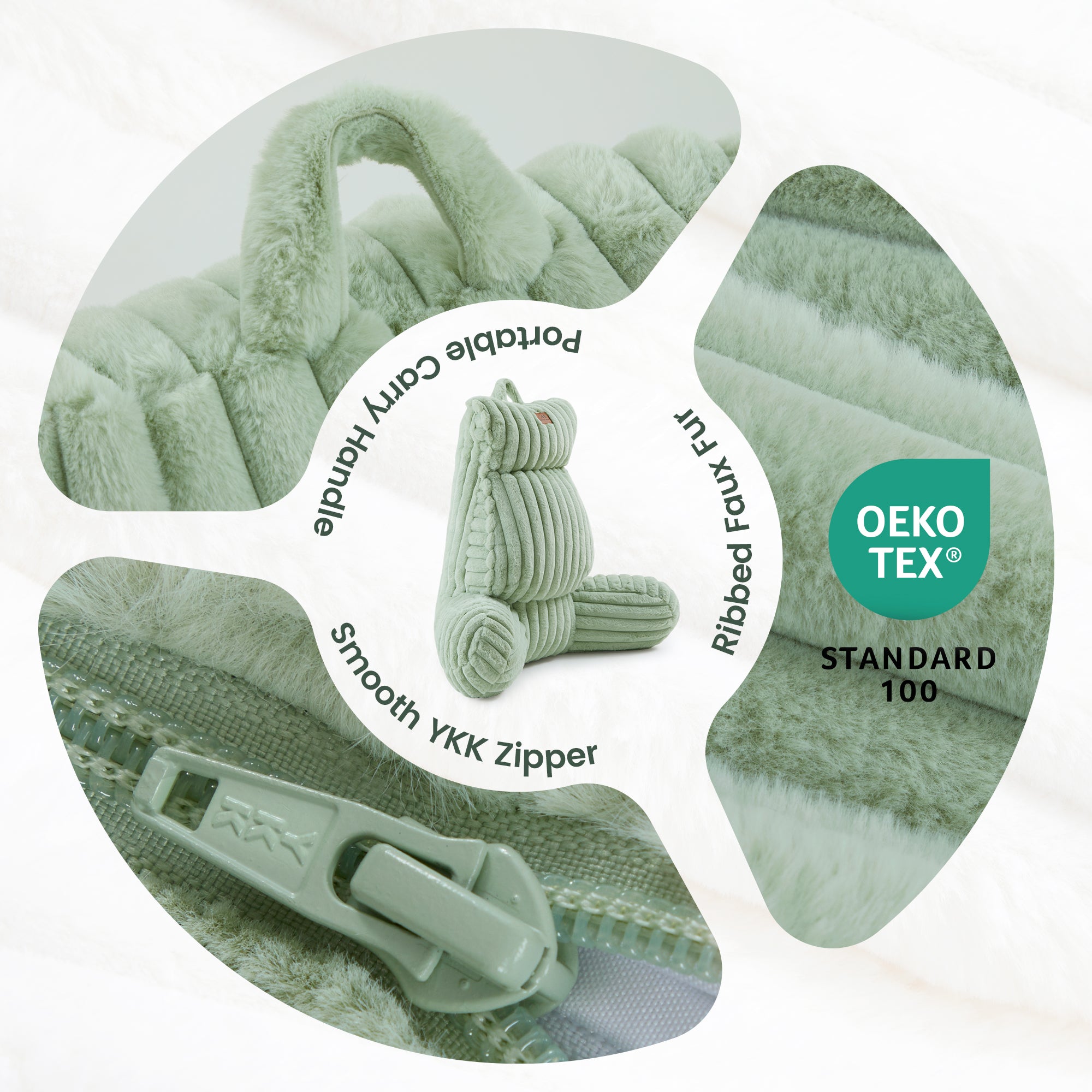 Close up of Snuggle Sac Striped Faux Fur Backrest Reading Pillow featuring the OEKO-TEX Certificate#color_Sage Green