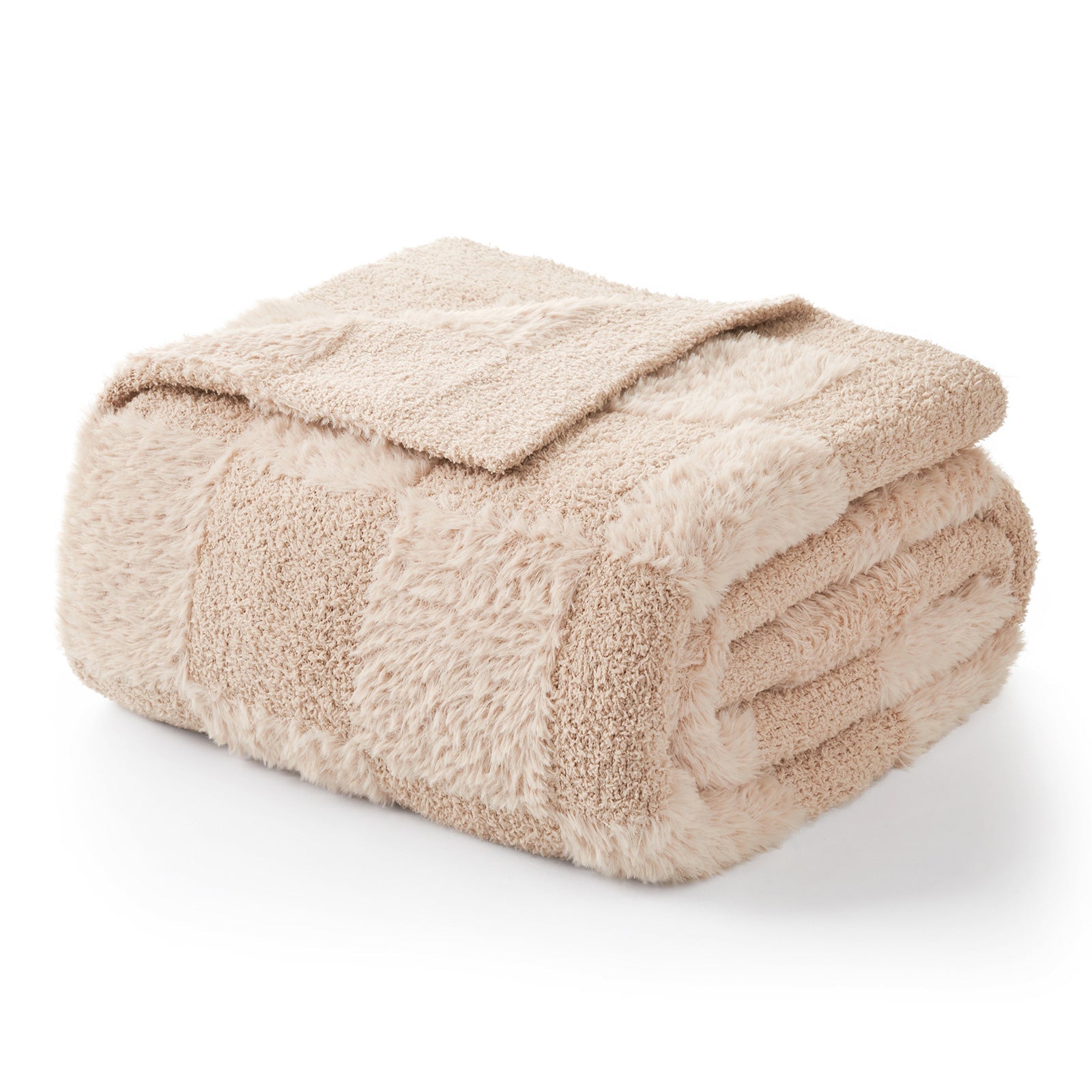 Checkered Faux Fur Microfiber Blanket - #Color_Solid Beige