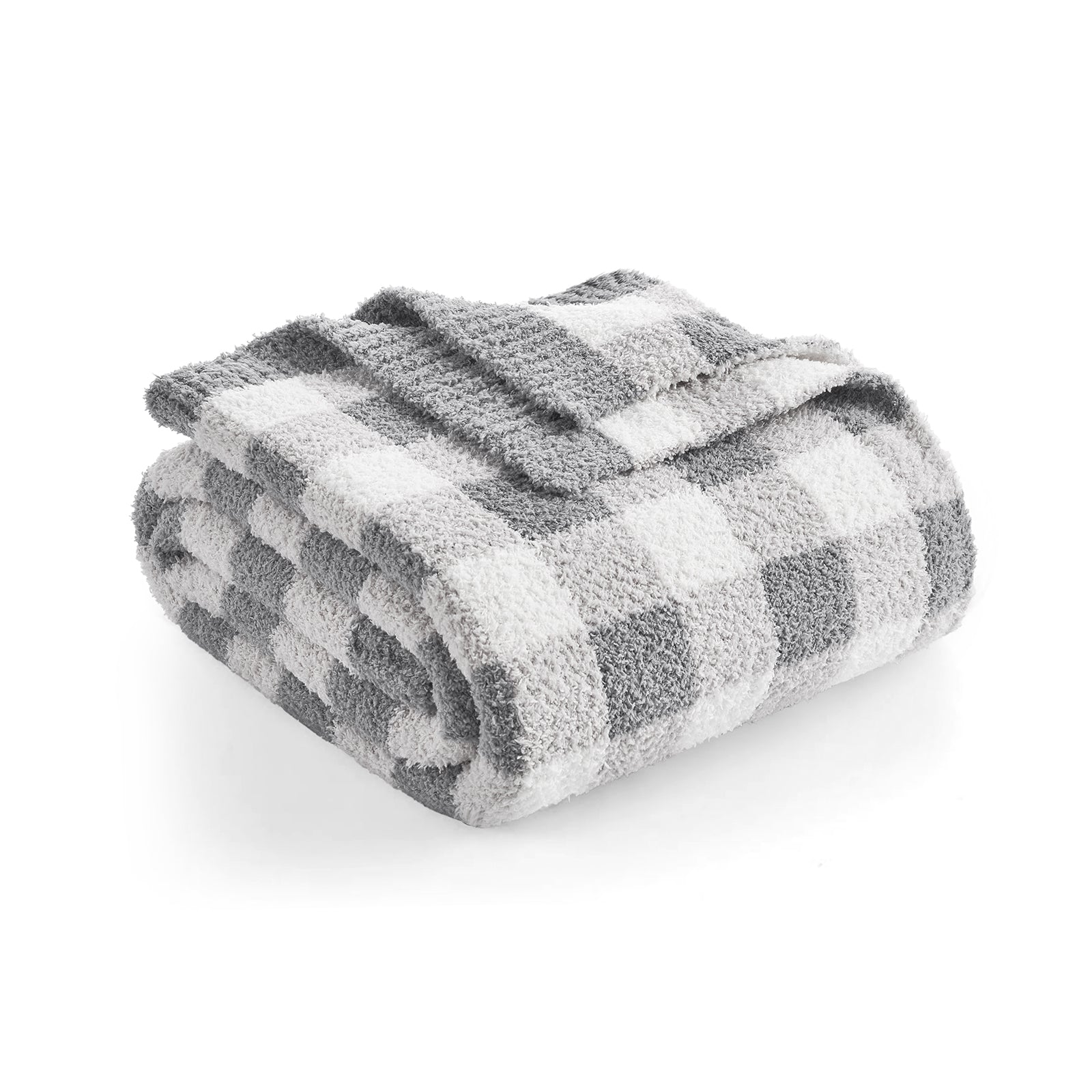 Folded checkered blanket with gray and white pattern on a white background #color_Plaid Grey