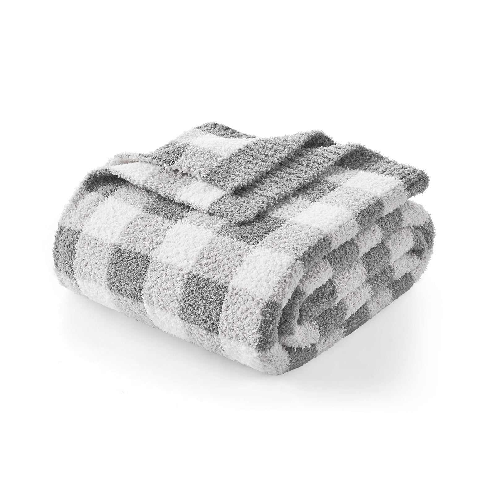Folded checkered blanket with gray and white pattern on a white background #color_Plaid Grey