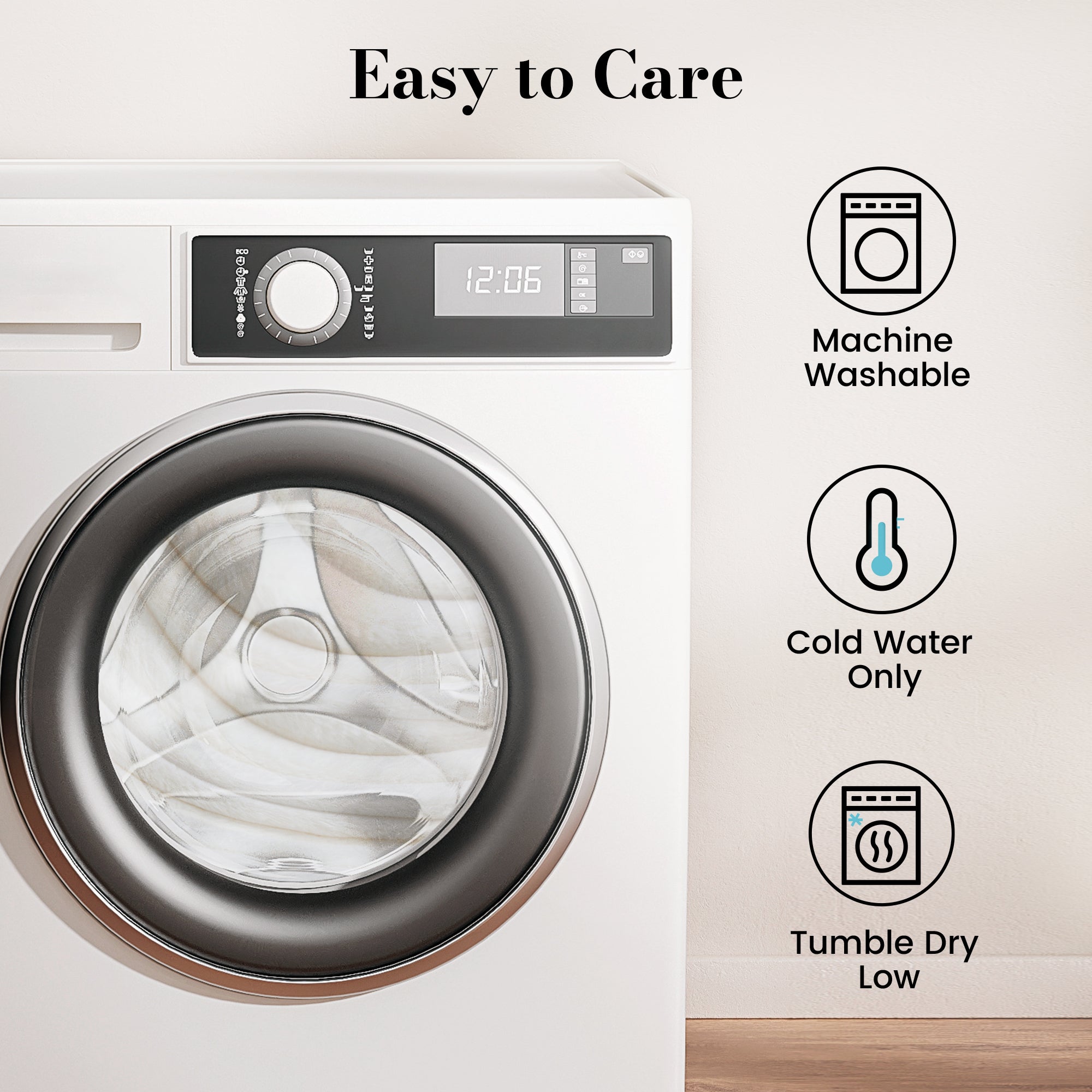 Snuggle Sac Striped Faux Fur Backrest Reading Pillow in a laundry machine showing the instructions of how to easy care the product #color_Ivory