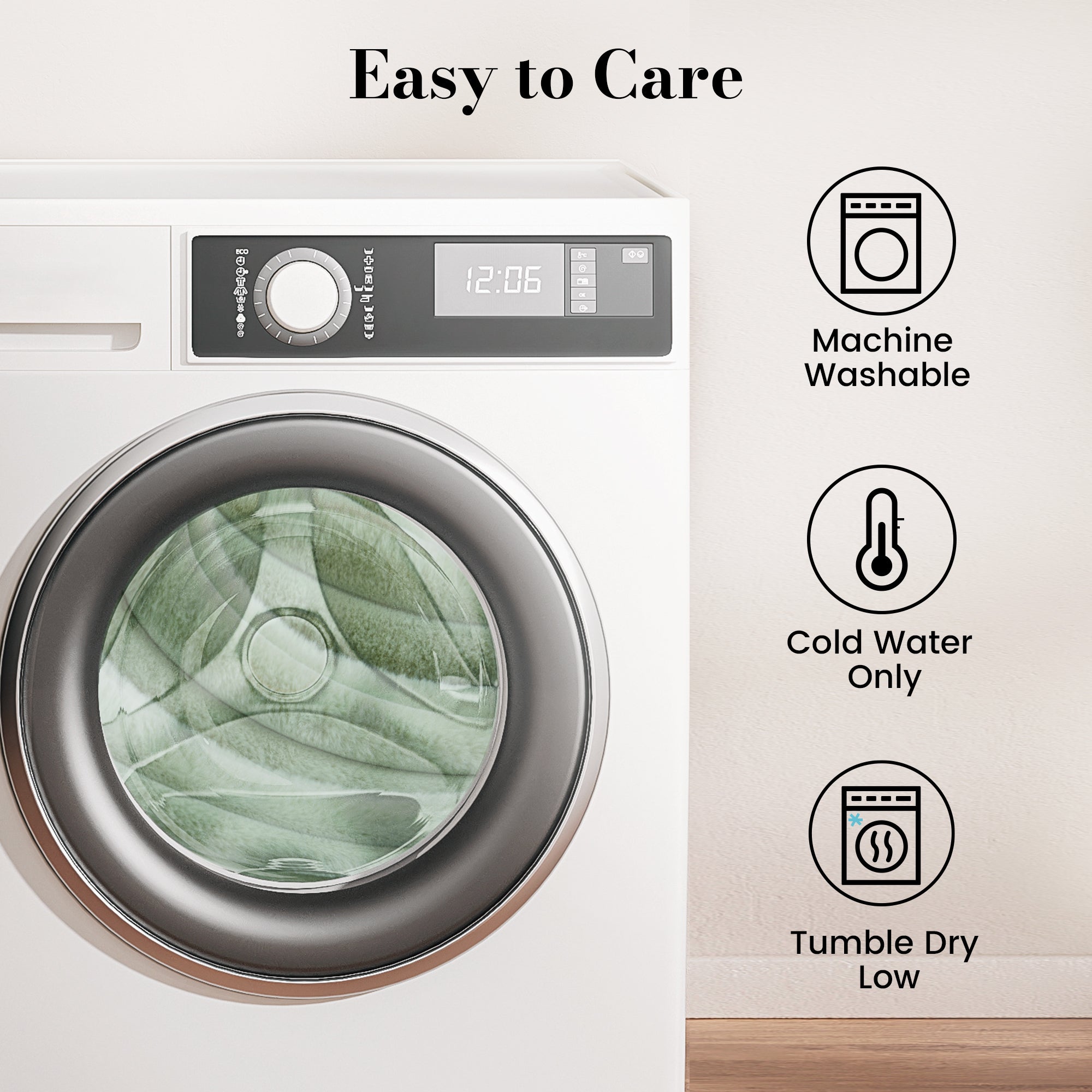 Snuggle Sac Striped Faux Fur Backrest Reading Pillow in a laundry machine showing the instructions of how to easy care the product #color_Sage Green