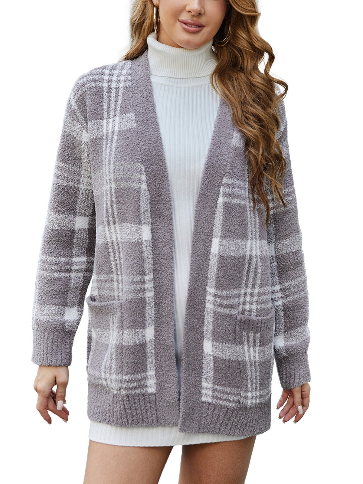 Woman wearing a gray plaid cardigan over a white turtleneck on a white background #color_Taupe Check