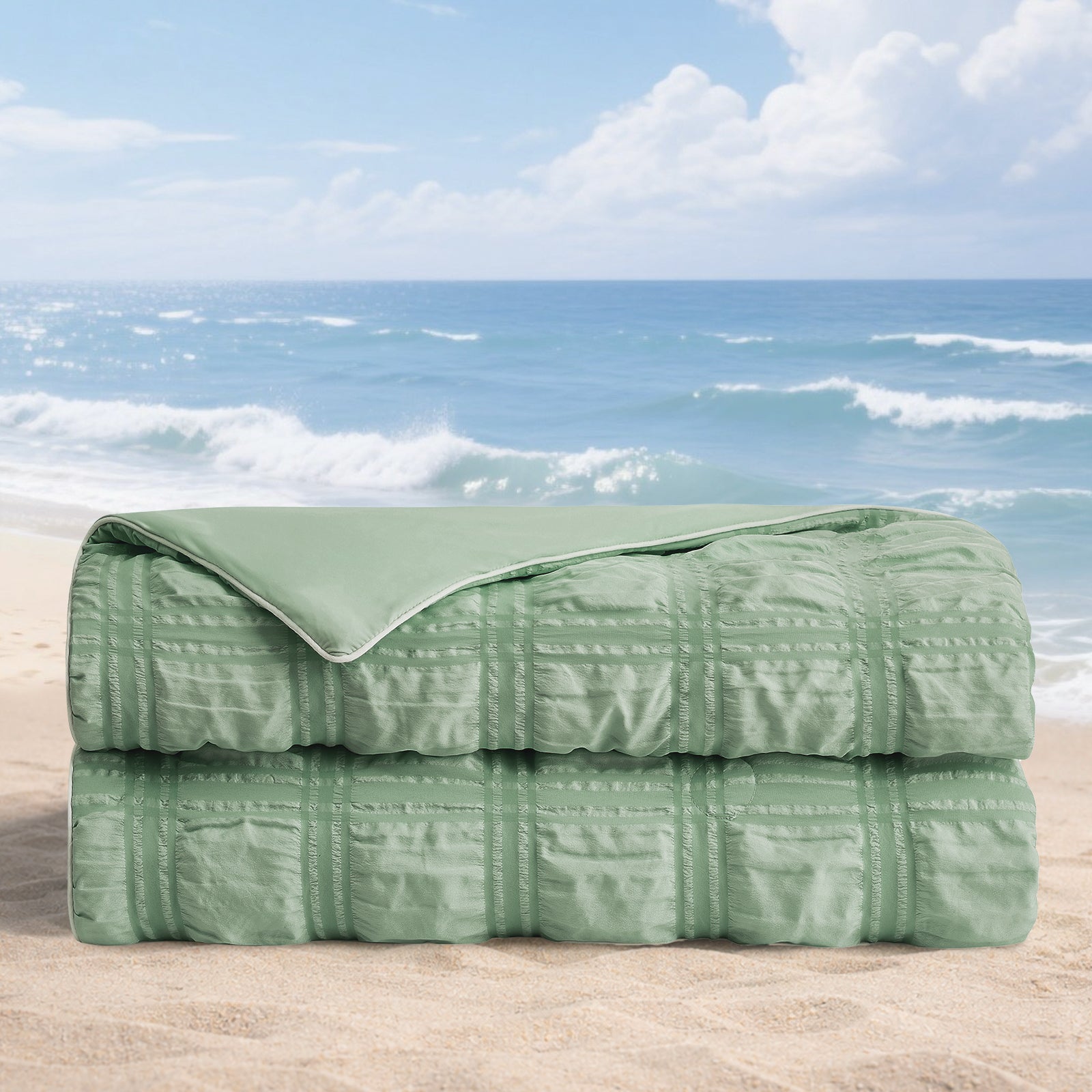 Folded Snuggle Sac Seersucker Plaid Cooling Comforter#color_Sage Green