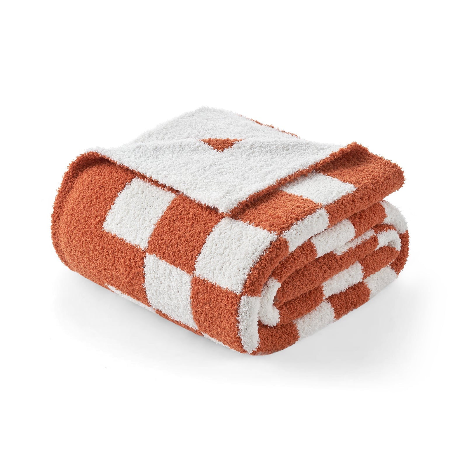Folded checkered blanket with orange and white pattern on a white background #color_Checkered Burnt Orange