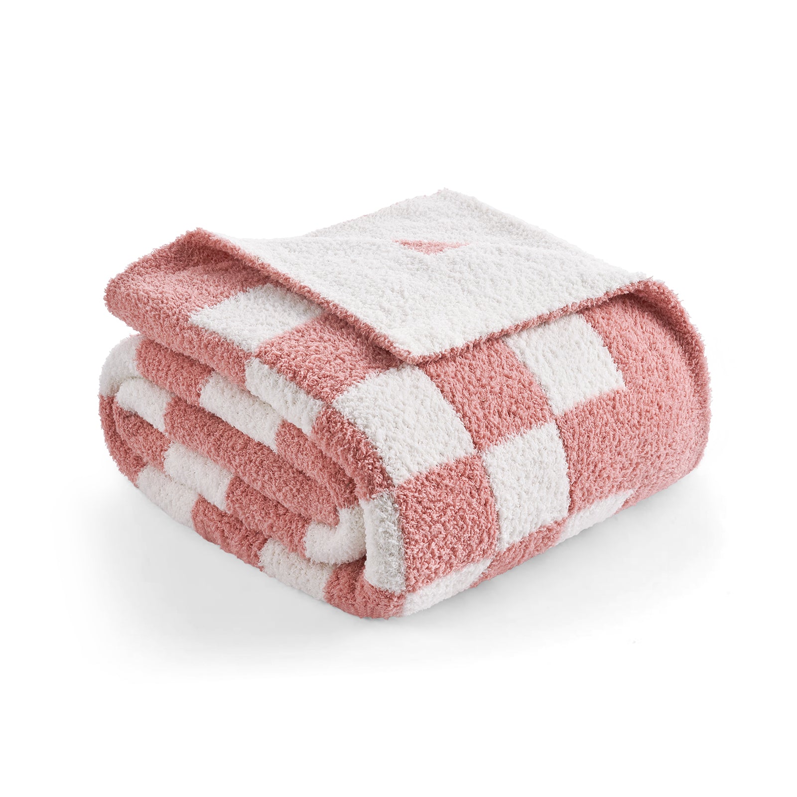 Folded pink and white checkered blanket on a white background #color_Checkered Pink