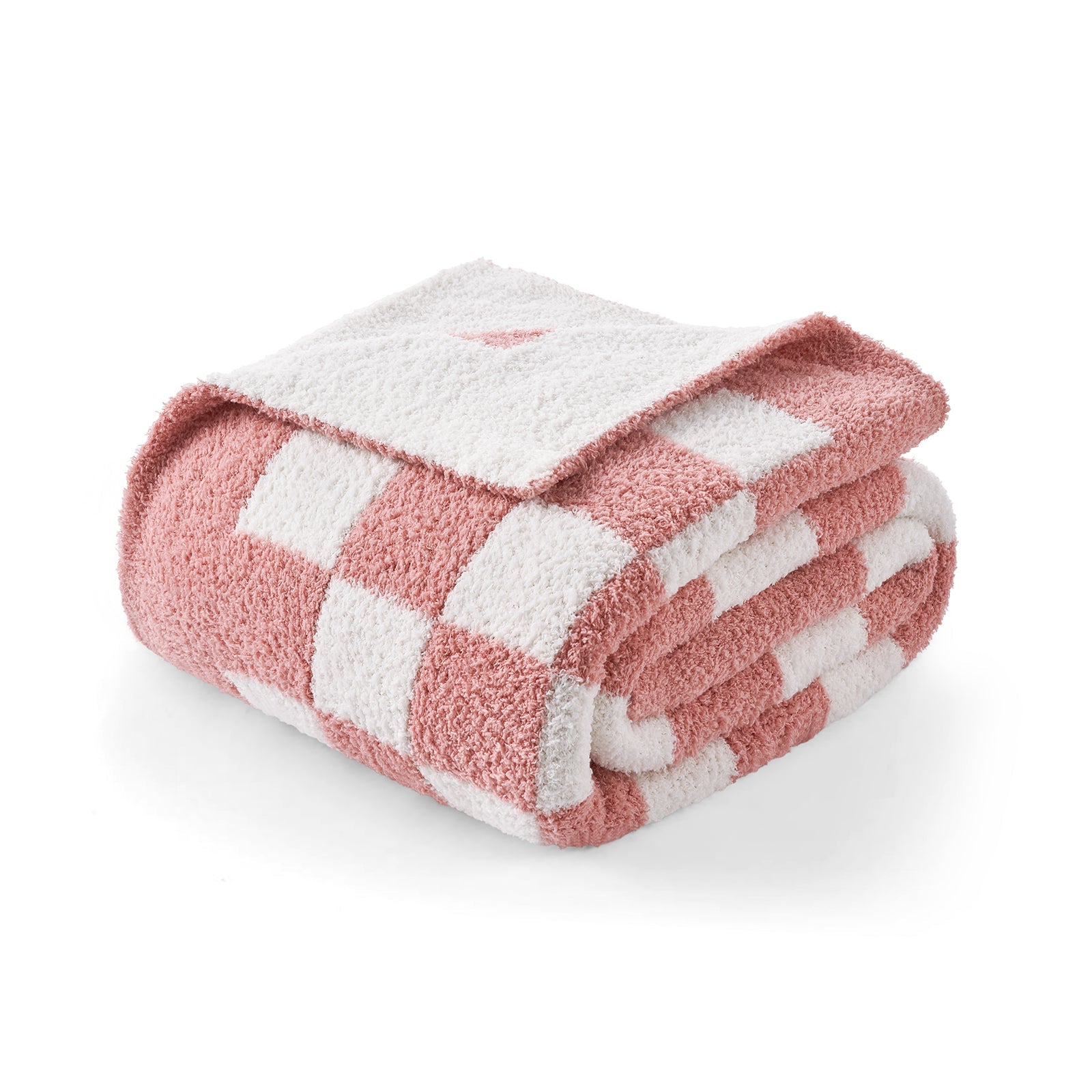 Folded pink and white checkered blanket on a white background #color_Checkered Pink