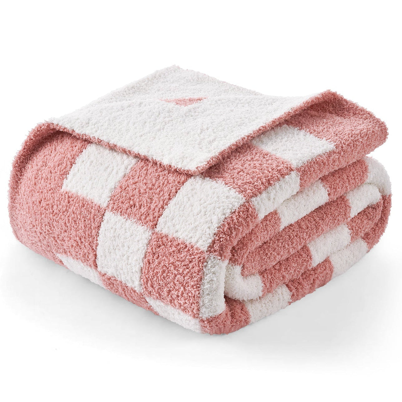 Folded pink and white checkered blanket on a white background #color_Checkered Pink