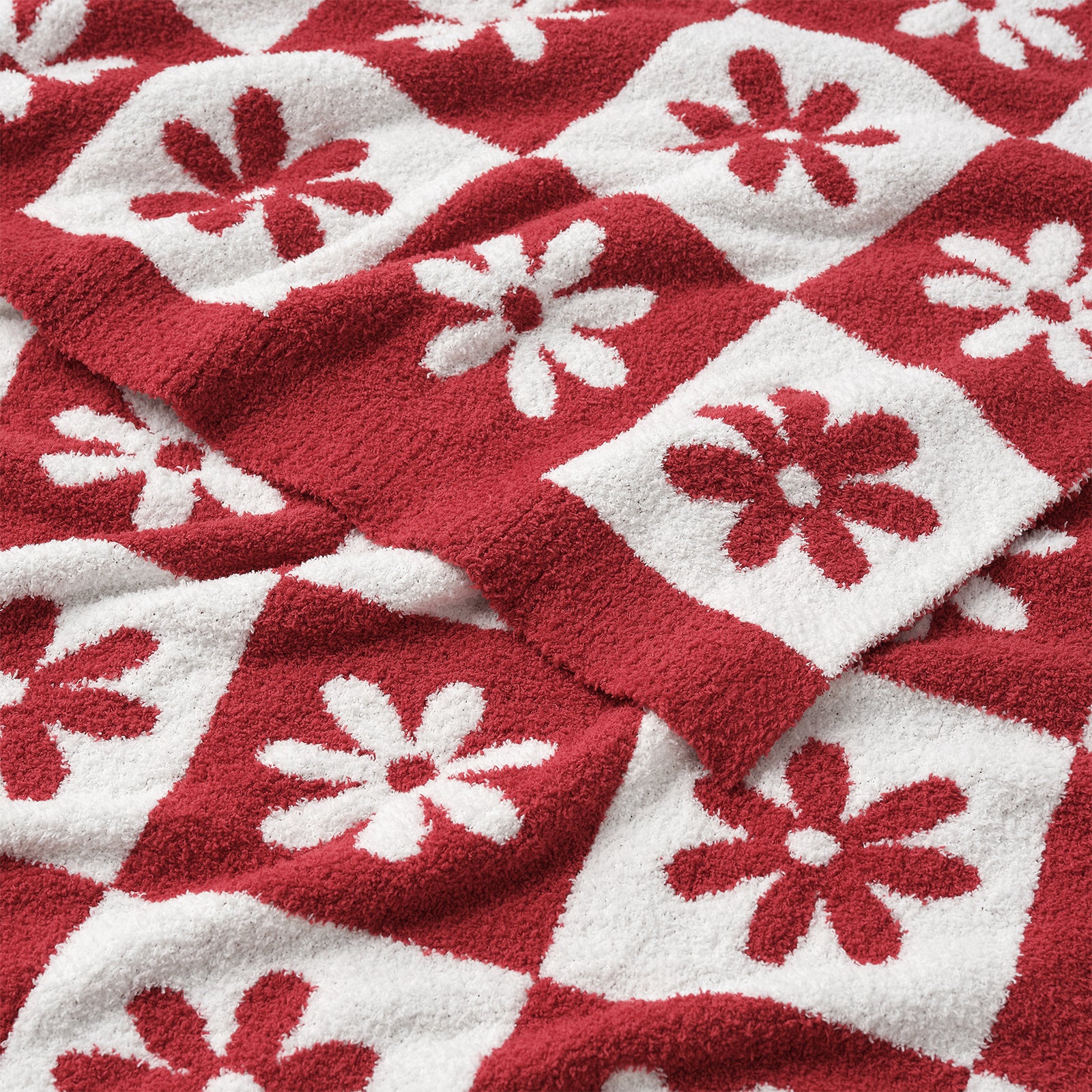 Red and white checkered fabric with floral patterns #color_Red/Cream