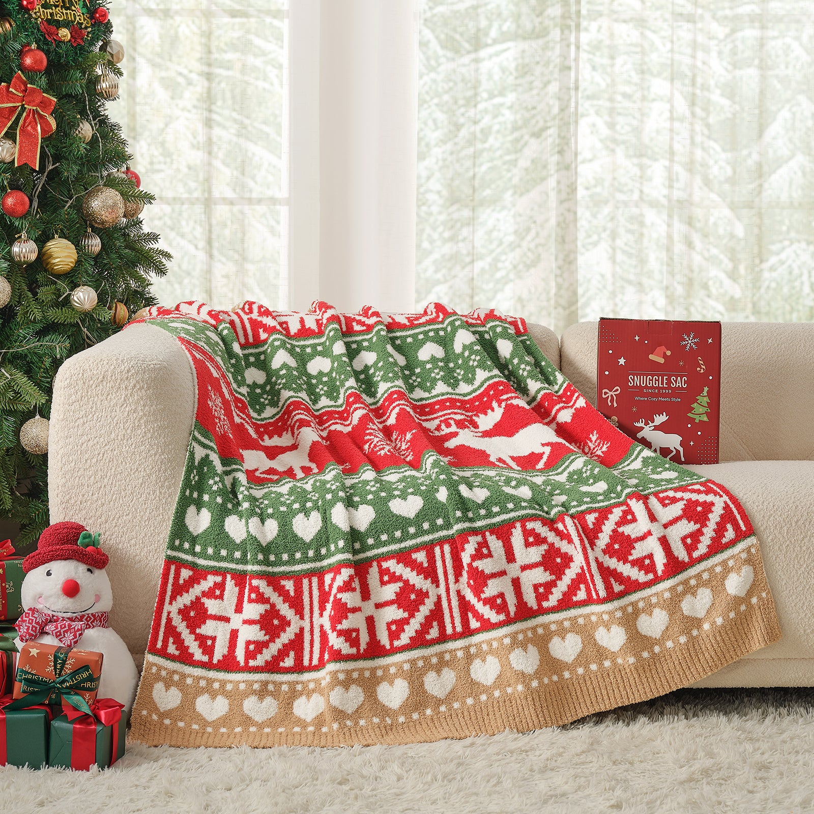 Reversible Fairy Isle Reindeer Christmas Throw Blanket