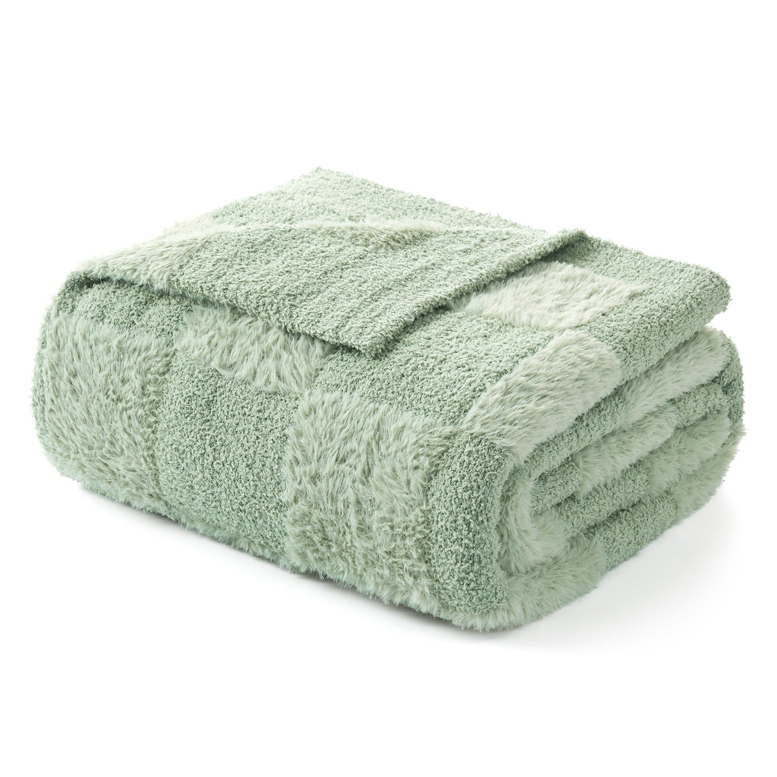Checkered Faux Fur Microfiber Blanket - #Color_Sage Green