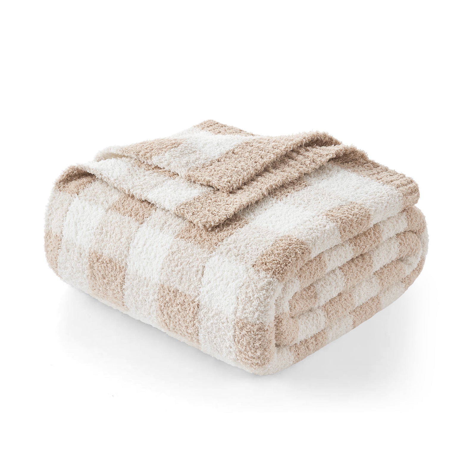 Folded checkered blanket with beige and white pattern on a white background #color_Plaid Beige