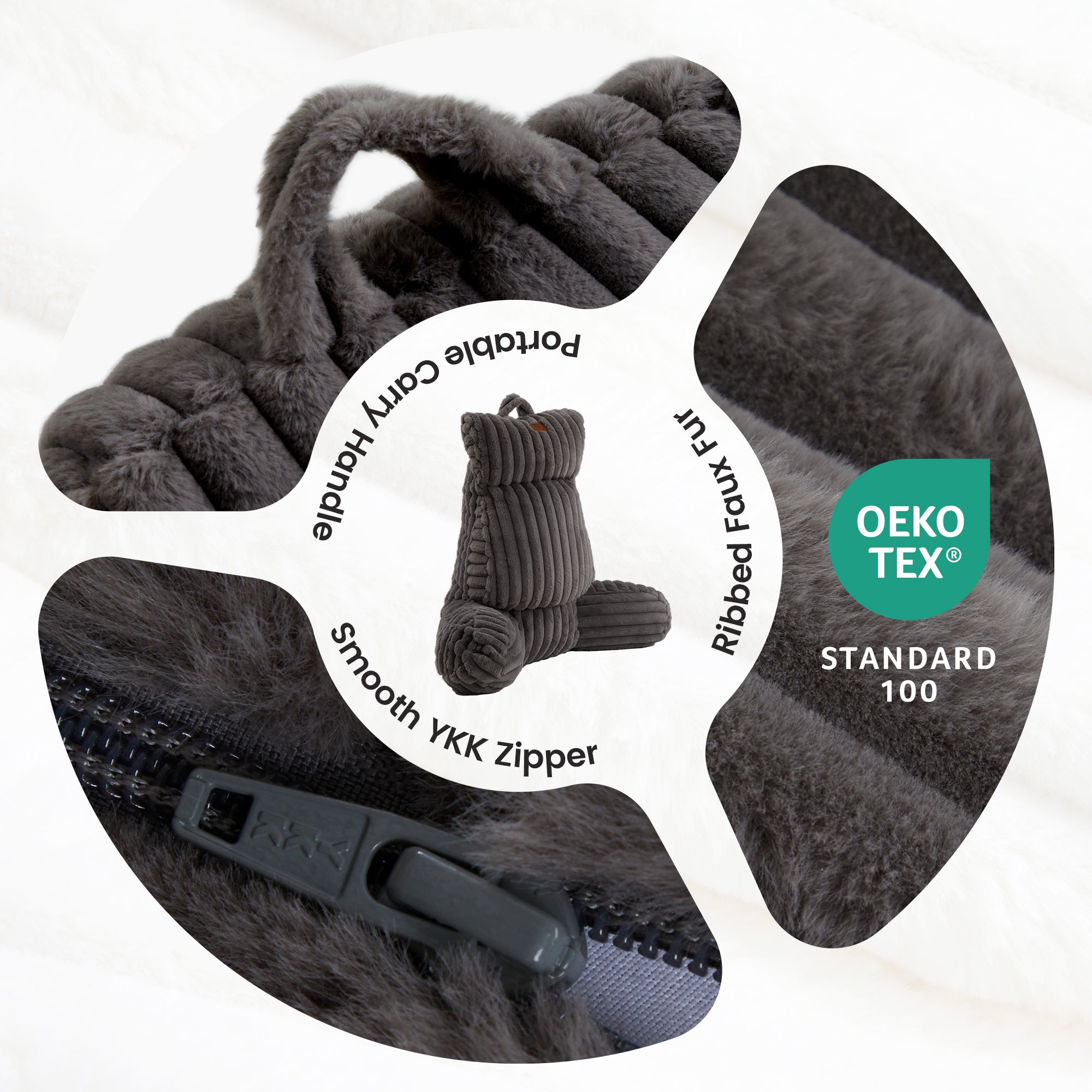 Close up of Snuggle Sac Striped Faux Fur Backrest Reading Pillow featuring the OEKO-TEX Certificate#color_Grey