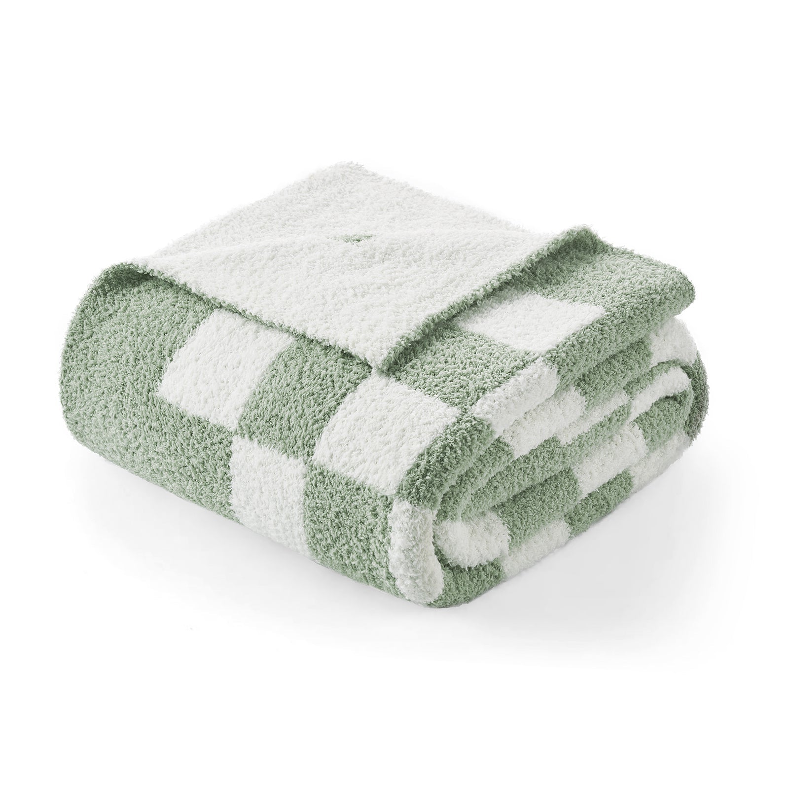 Folded green and white checkered blanket on a white background #color_Checkered Sage Green