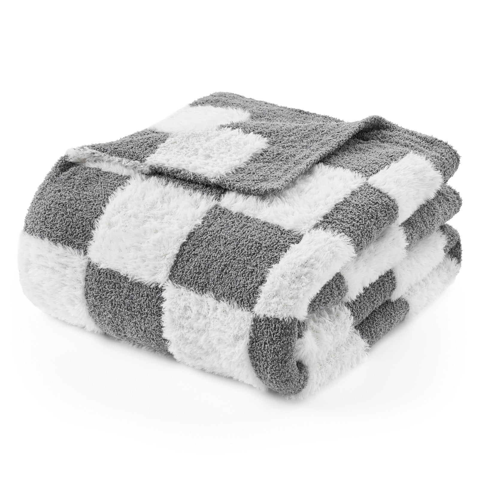 Checkered Faux Fur Microfiber Blanket - #Color_Grey White