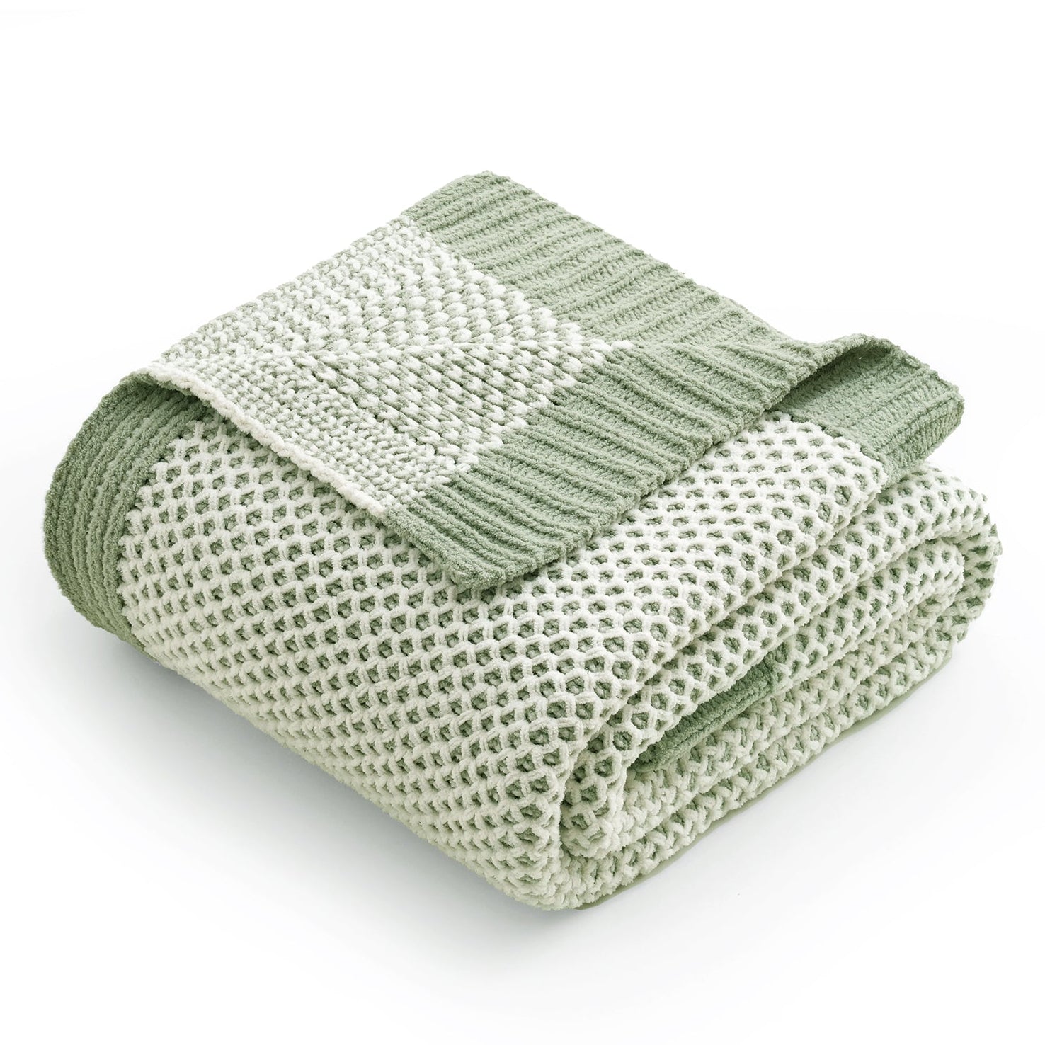 Snuggle Sac two tone honeycomb chenille knit throw blanket in Sage Green folded front view #color_Sage Green