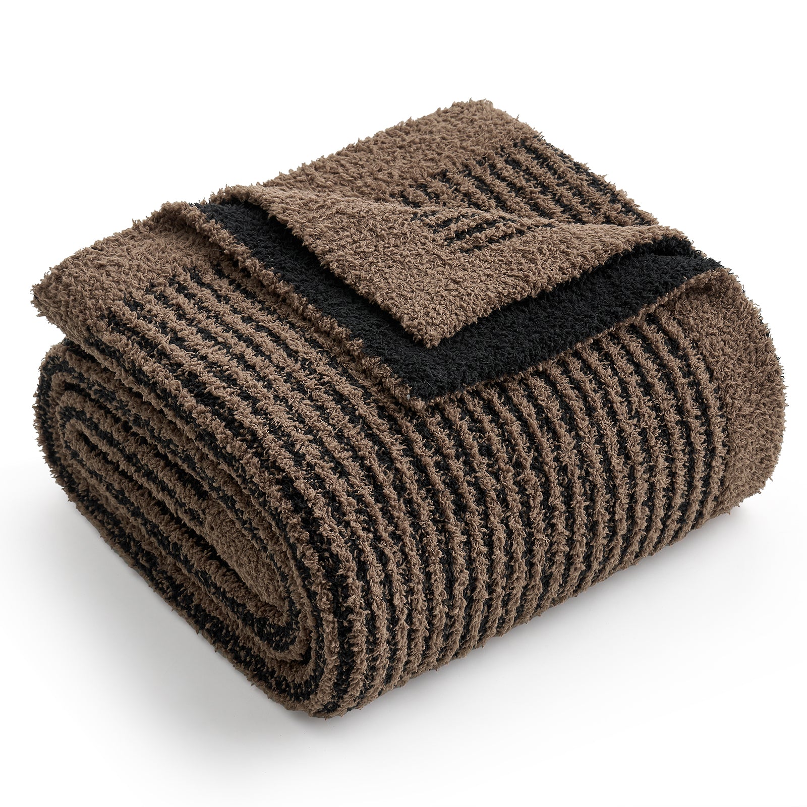 Folded brown and black textured blanket on a white background #color_Brown/Black