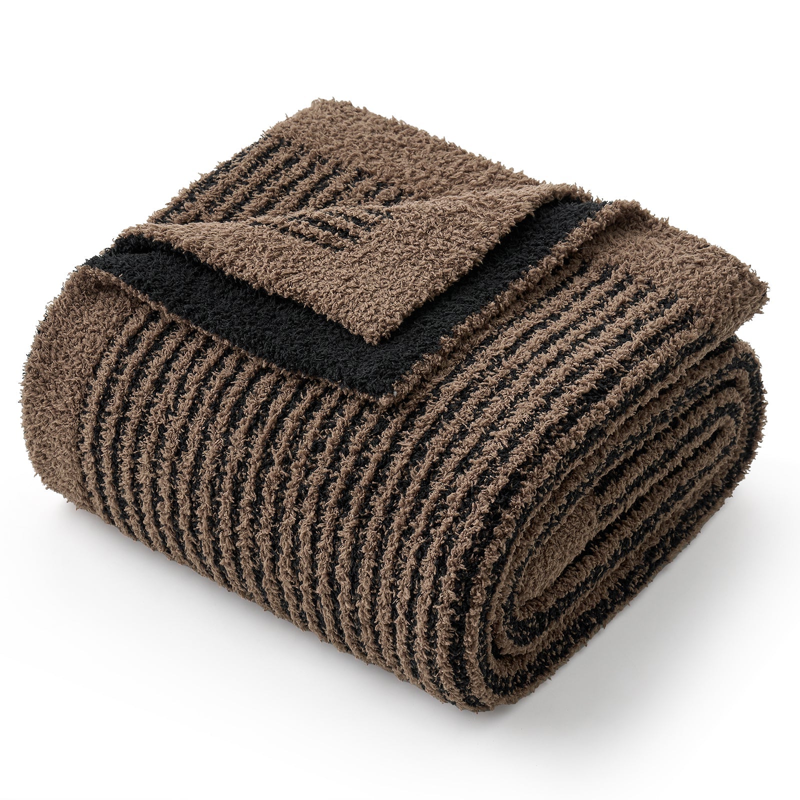 Folded brown and black textured blanket on a white background #color_Brown/Black