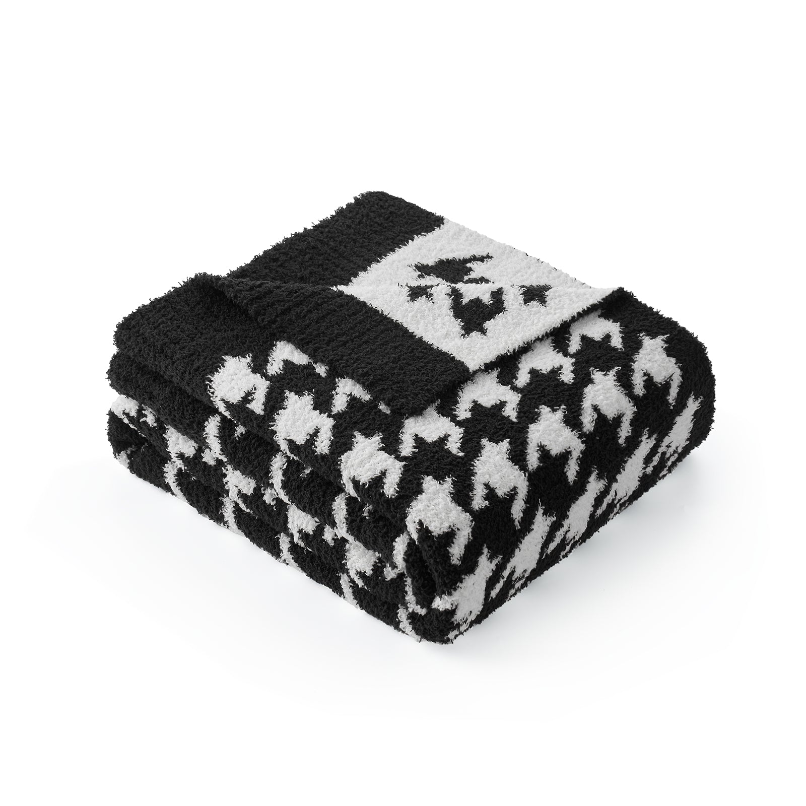 Folded Snuggle Sacs Reversible Houndstooth Feather Yarn Knit Throw Blanket#Color_Black